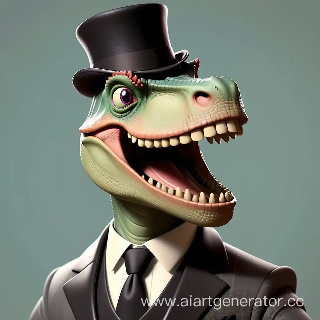 A smiling dinosaur in a business suit with a top hat and pince-nez