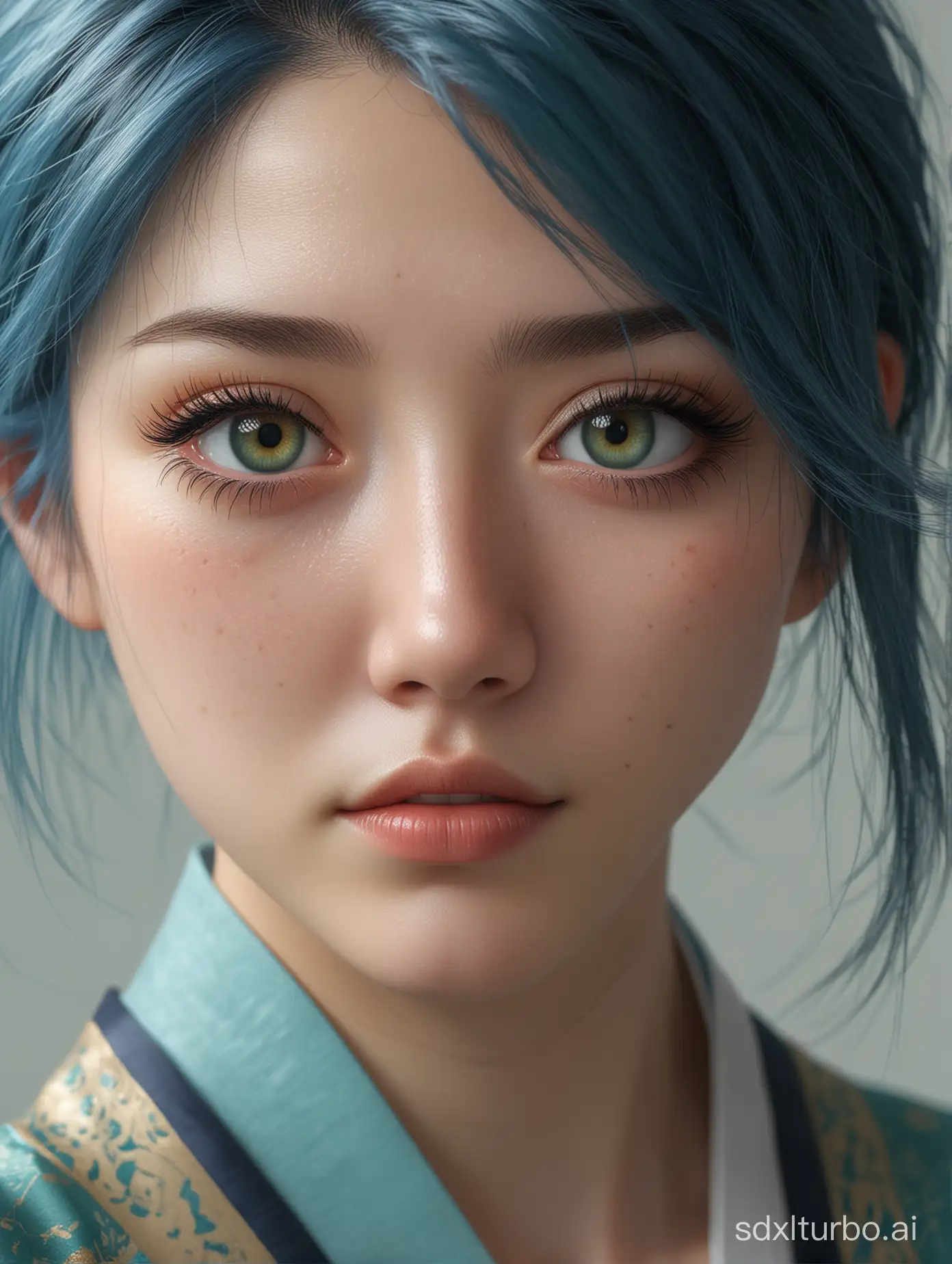Hyperrealistic-Illustration-of-a-Solo-Girl-in-Traditional-Hanfu-Attire-with-Blue-Hair-and-Heterochromic-Eyes