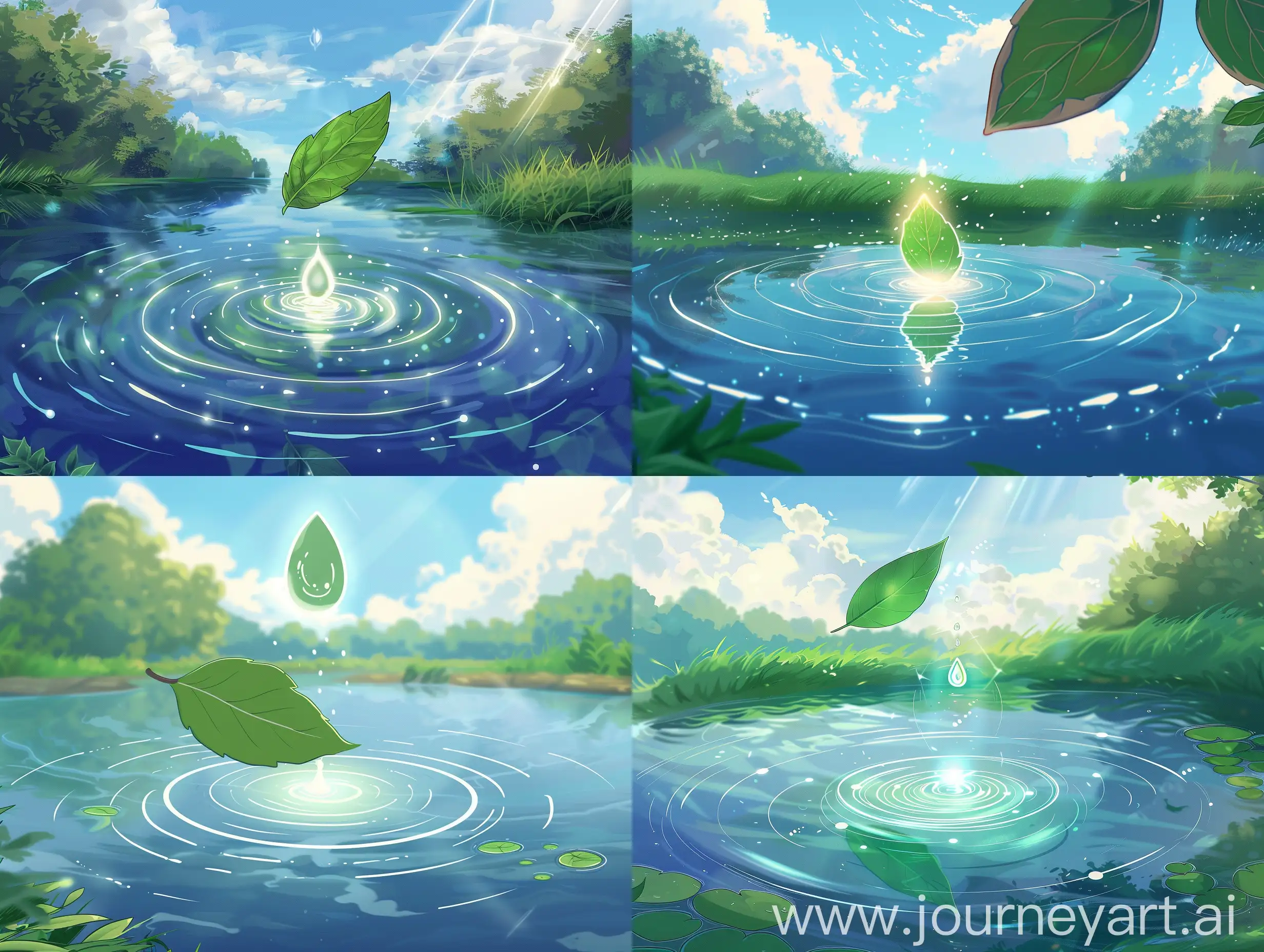 Anime style, green leaf over a calm pond.  Small circular waves surround the paper due to vibration, and above the paper there is a drop of water that glows because the sun's rays are reflected in it.  The pond of water reflects the blue sky and white clouds.  The background shows some trees and grass.