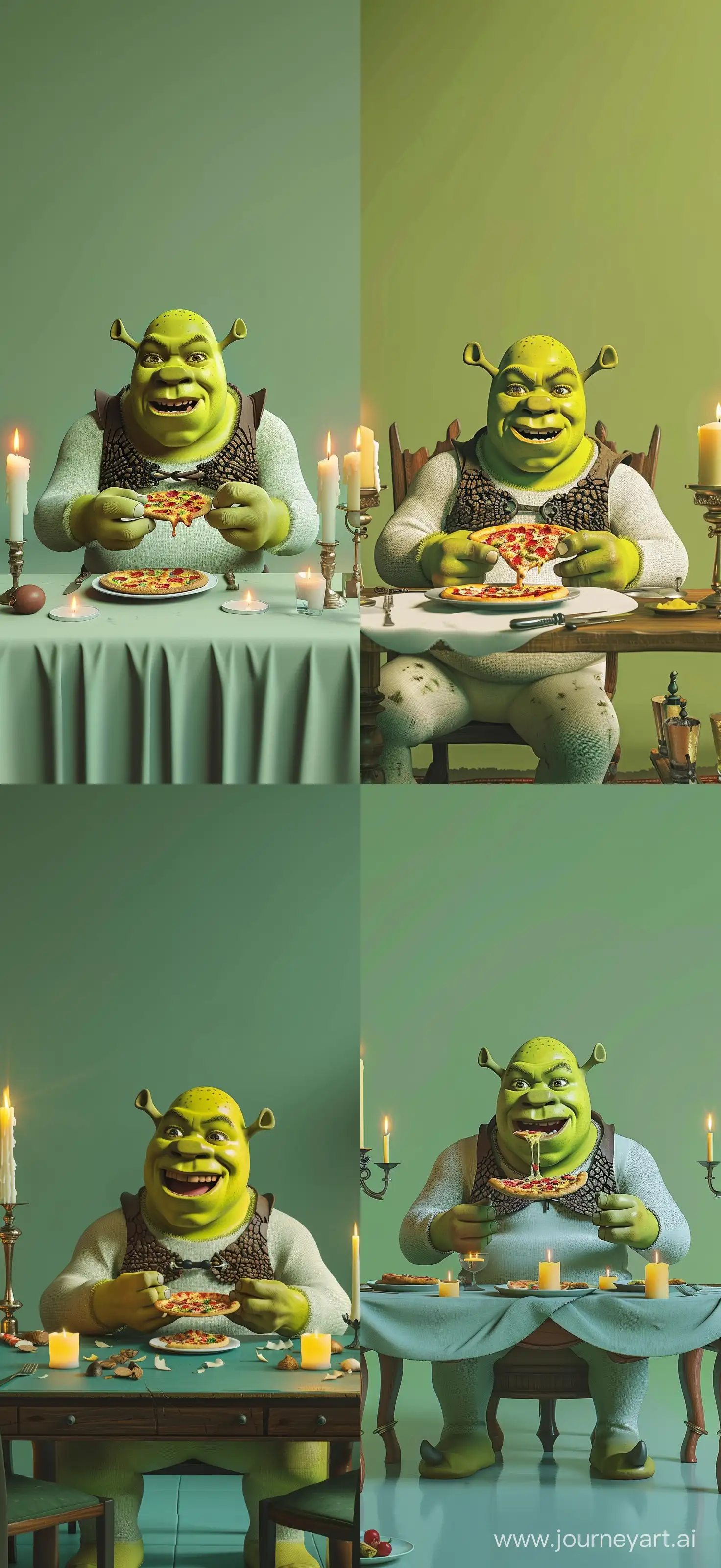 Minimalism 2D Illustration: Shrek Sitting at the Table Eating pizza, Candles on Both Sides of the Table, Simple Pastel Green Background, High Precision، High Quality --v 6.0 --ar 6:13