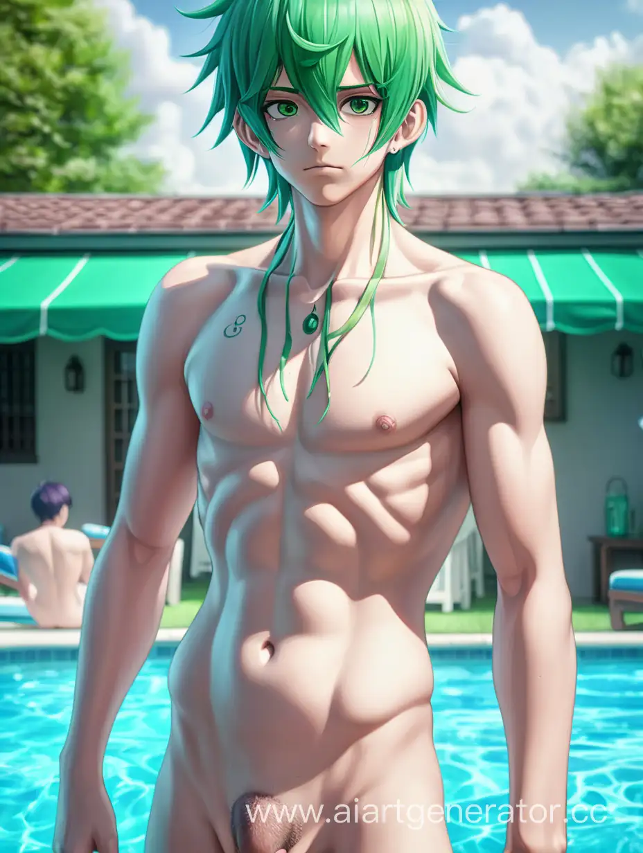 Голый парень, зеленные волосы, бассейн, стиль аниме, 8k, мегареалистичный, шедевр, сверхдетализированный