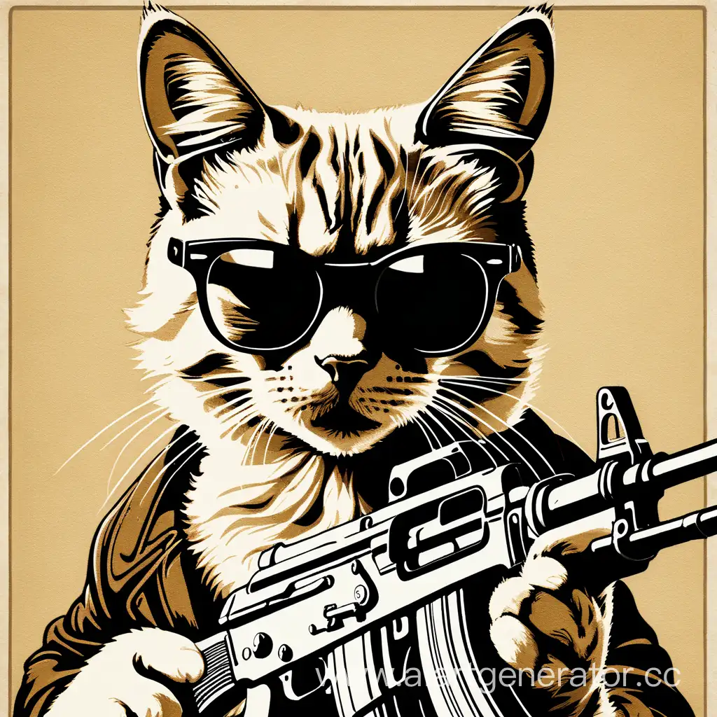 Retro-Portrait-of-Cat-Wearing-Dark-Glasses-with-AK47-in-USSR-Setting
