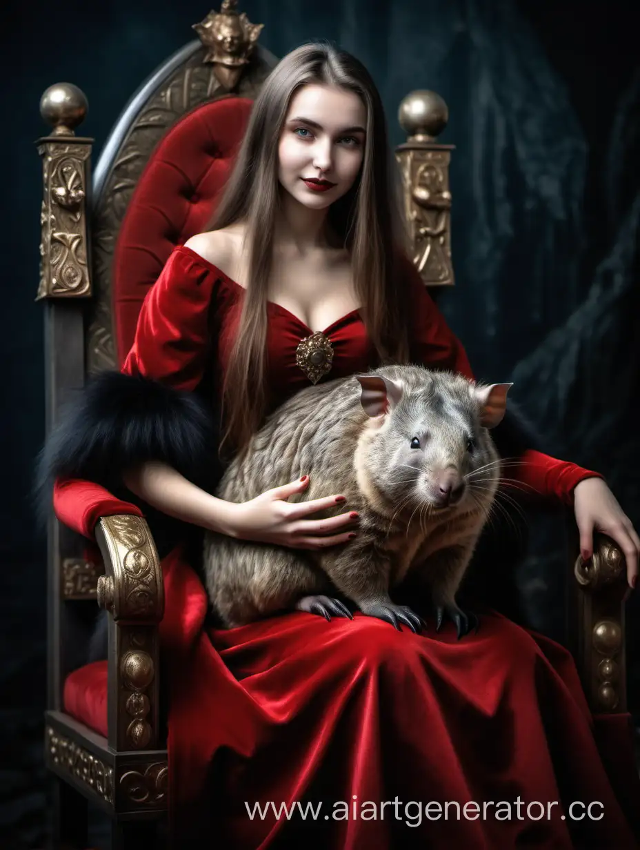 красивая девушка держит на руках вомбата, а сама сидит на королевском троне Влада Дракулы