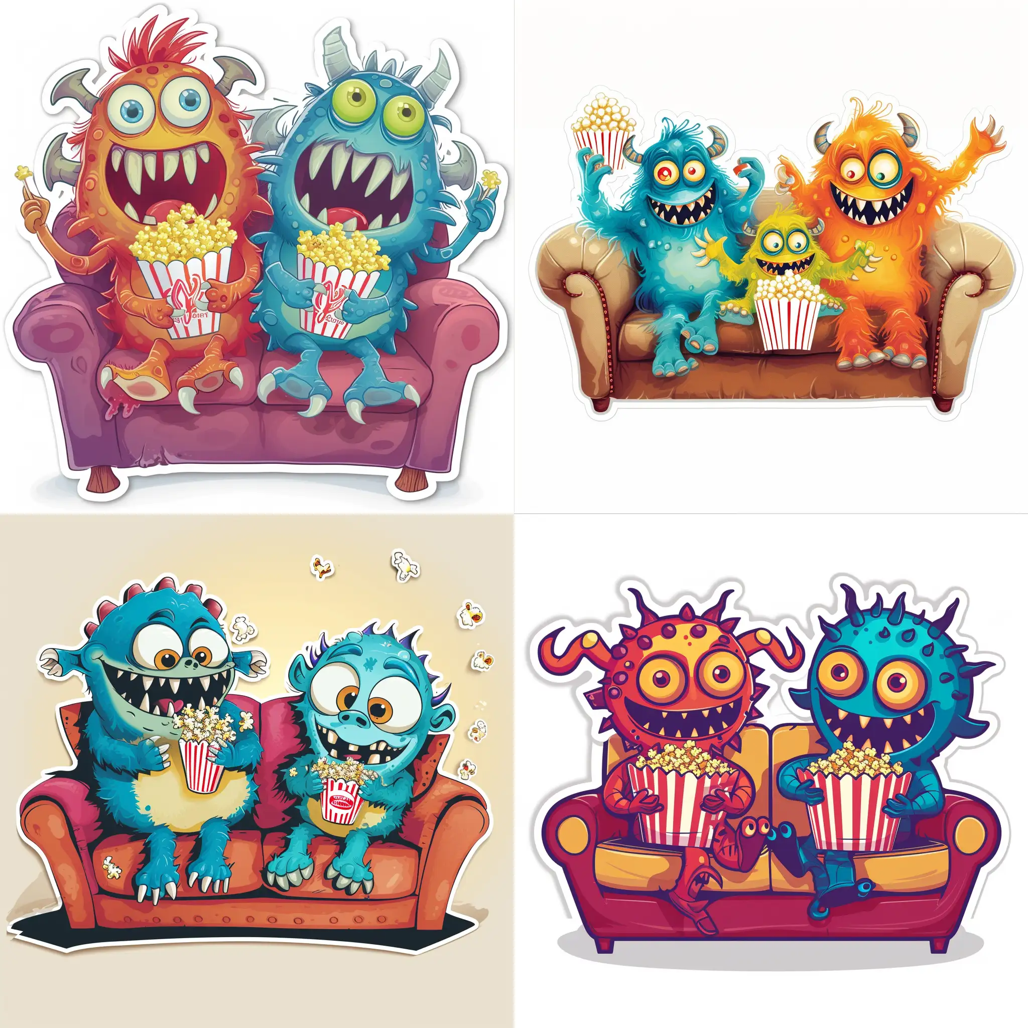 Funny little monsters are sitting on the couch and eating popcorn, cartoon sticker, in vector style