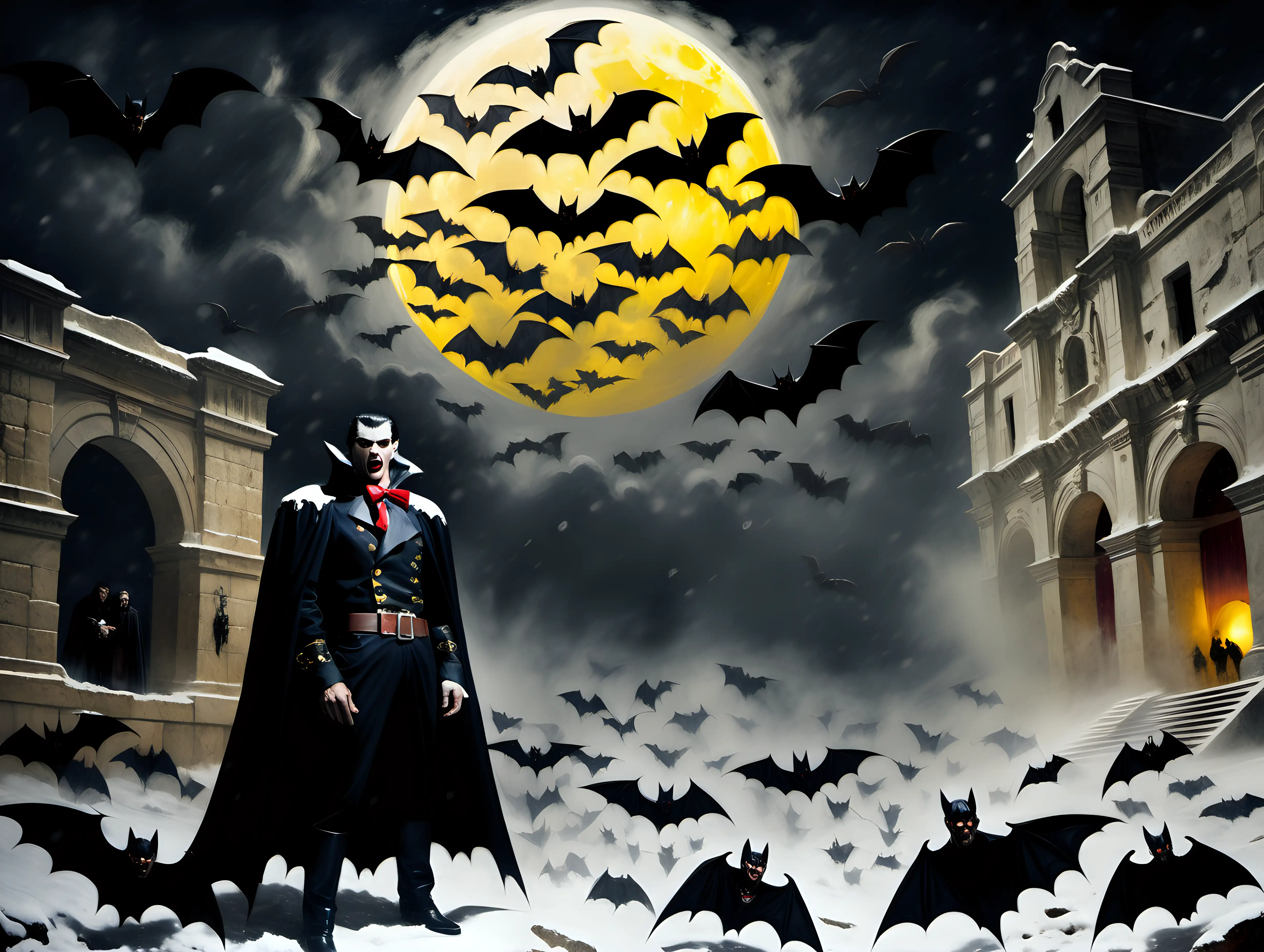 Dracula and Vampire Bats Swarm Alamo in Snow Blizzard with Full Yellow Moon