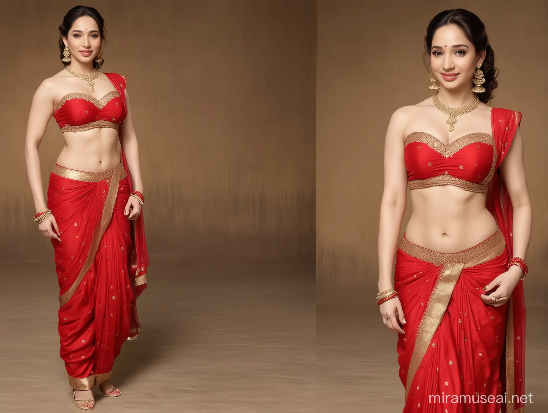 generate an image of Tamannah Bhatia wearing traditional bandeau red lingerie, red saree and red Indian Sheer dhoti, with appropriate accessories such as bangles, armlets and a bindi, while maintaining her recognizable features and elegance.. full body image.