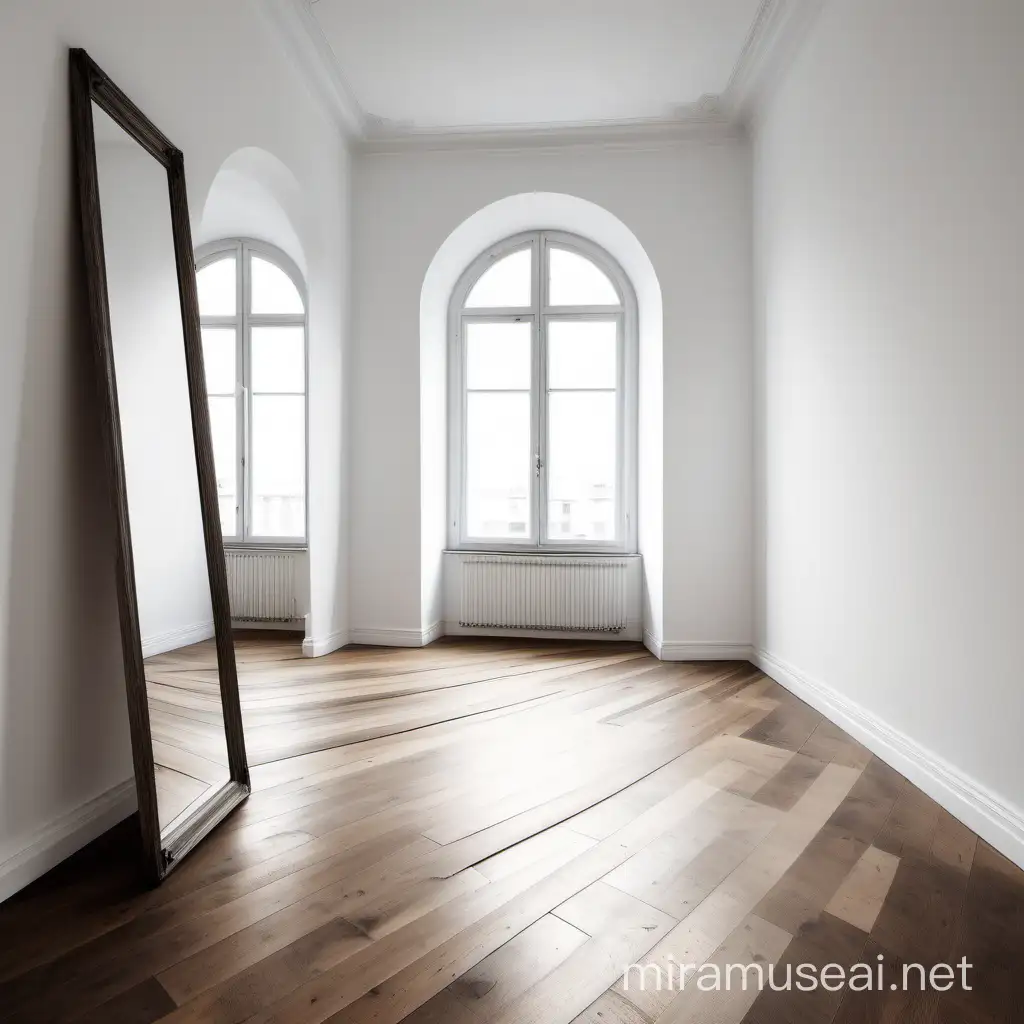 Bright White Room with Diagonal Wood Floor and Large Mirror