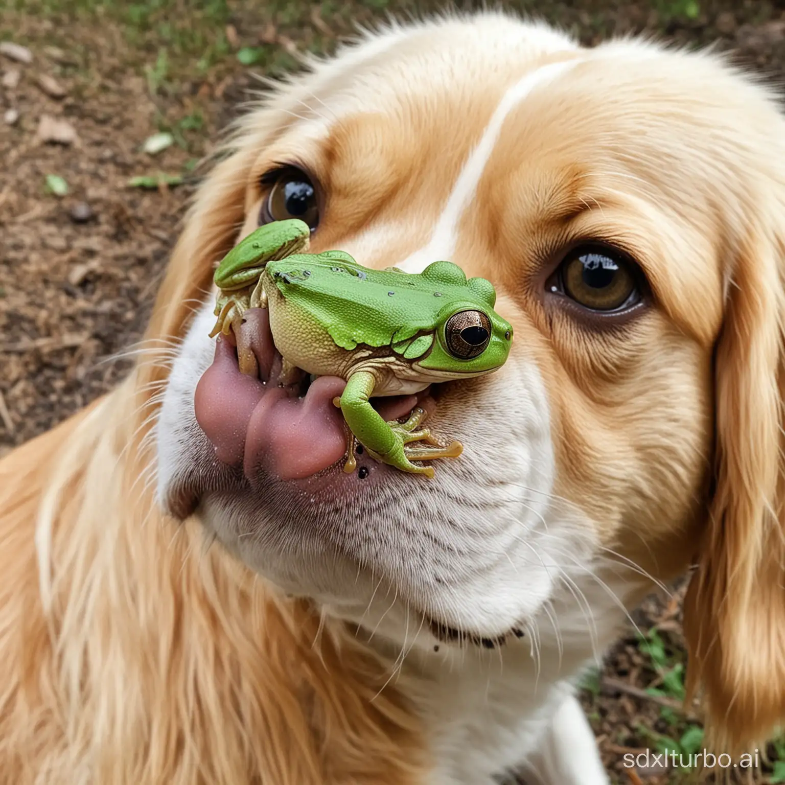 Frog-Perched-on-Playful-Dogs-Nose