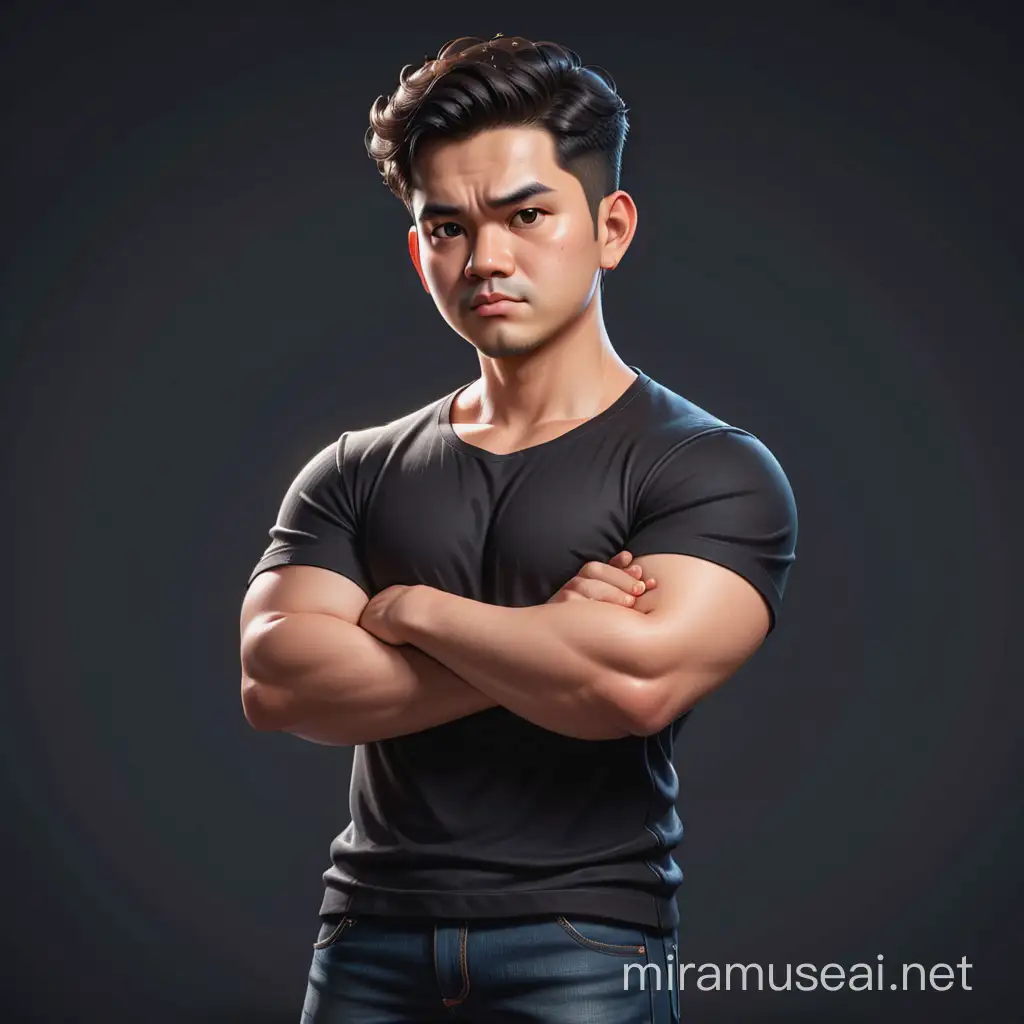 An Indonesian thick man in cartoon style, A skeptical look, clen face, dark short wavy hair hairstyles, Wearing a black T-shirt without inscriptions, Arms crossed on the chest, dark jeans, sneakers, full-body shot, offended pose, in full growth, maximum detail, best quality, HD, gorgeous light and shadow, detailed design, 3D quality