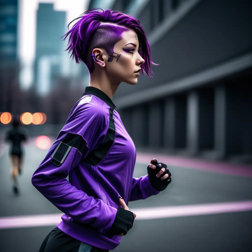 Create a cyberpunk girl with side-swept purple short hair who is outside jogging. Make her jogging and Make the girl's hair shorter.