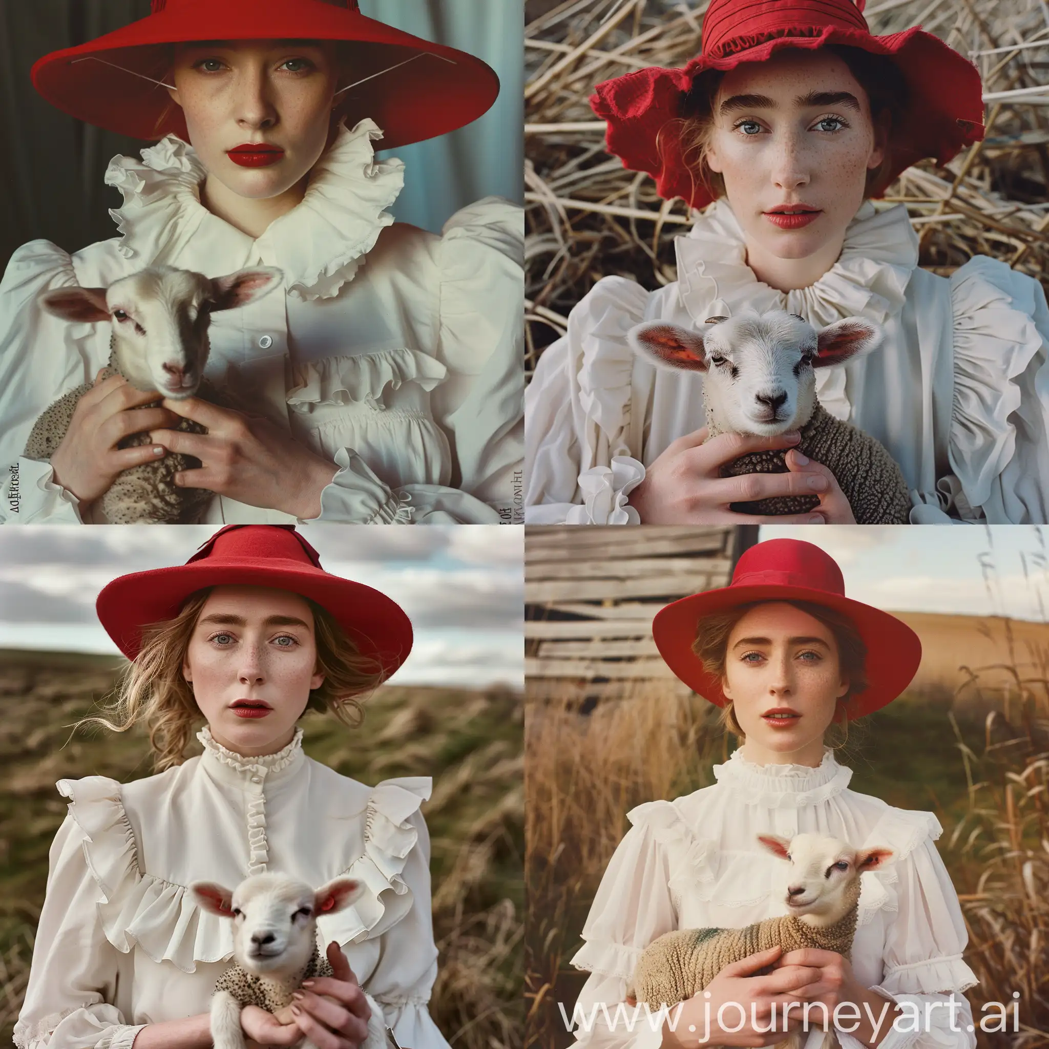 Saoirse-Ronan-in-Vogue-Chic-Red-Hat-and-Lamb-on-Farm