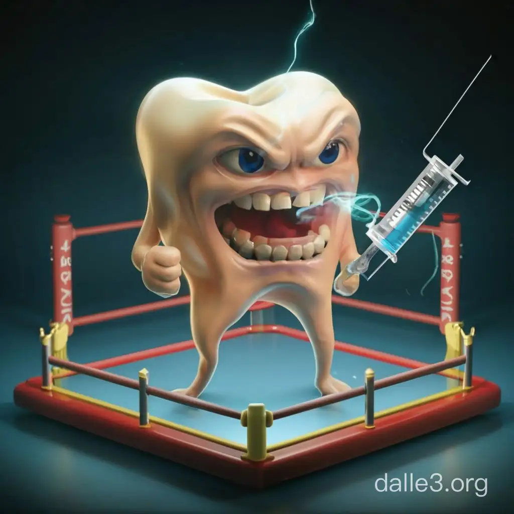 character tooth in the ring fights with a character with a syringe, mma, fight between tooth and injection, bright colorful image, 3D