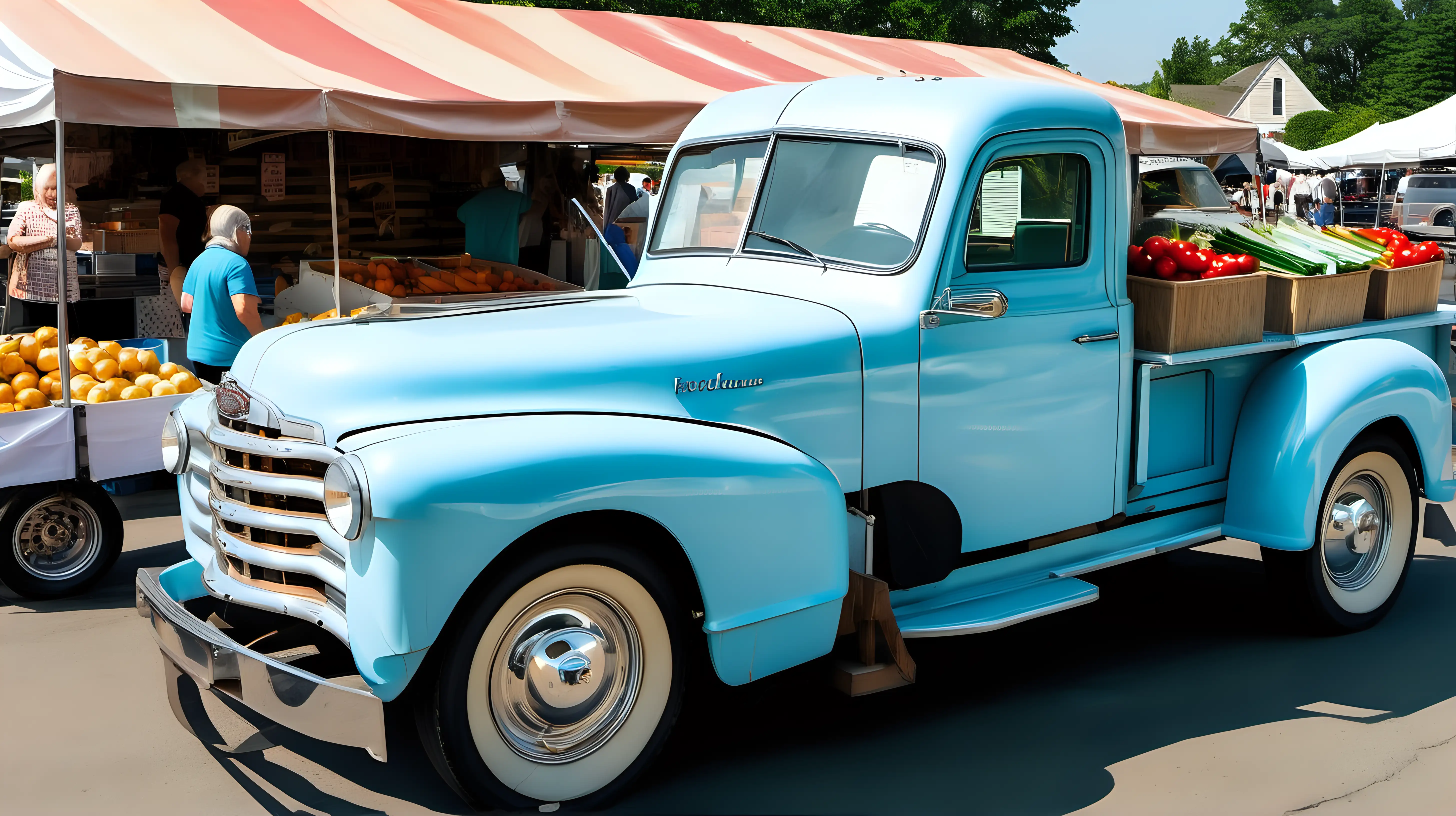 A charming baby blue vintage truck parked at a roadside farmer's market, its pristine condition a testament to careful restoration.