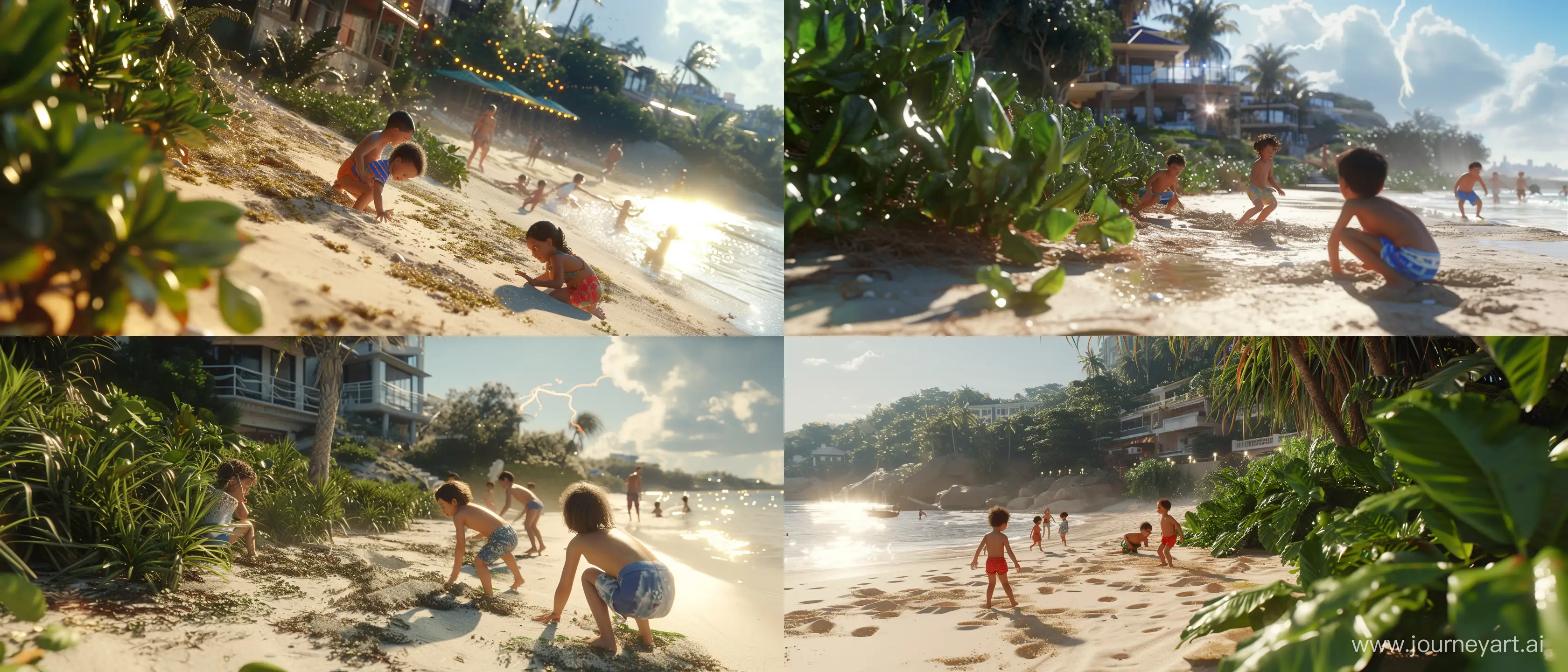children playing on the beach, with vegetation alongside and some buildings beyond; sunny day; close up; using all the graphic, lighting, design and scenery techniques of the most hyper-realistic and current animations of the last generation; Ray tracing at an absurd and exaggerated level; 32k; absurd details; advanced mirroring techniques; better CGI; advanced blurring techniques in some specific points; advanced lighting techniques; cinematic style; Led lightning;  --ar 21:9 --v 6.0