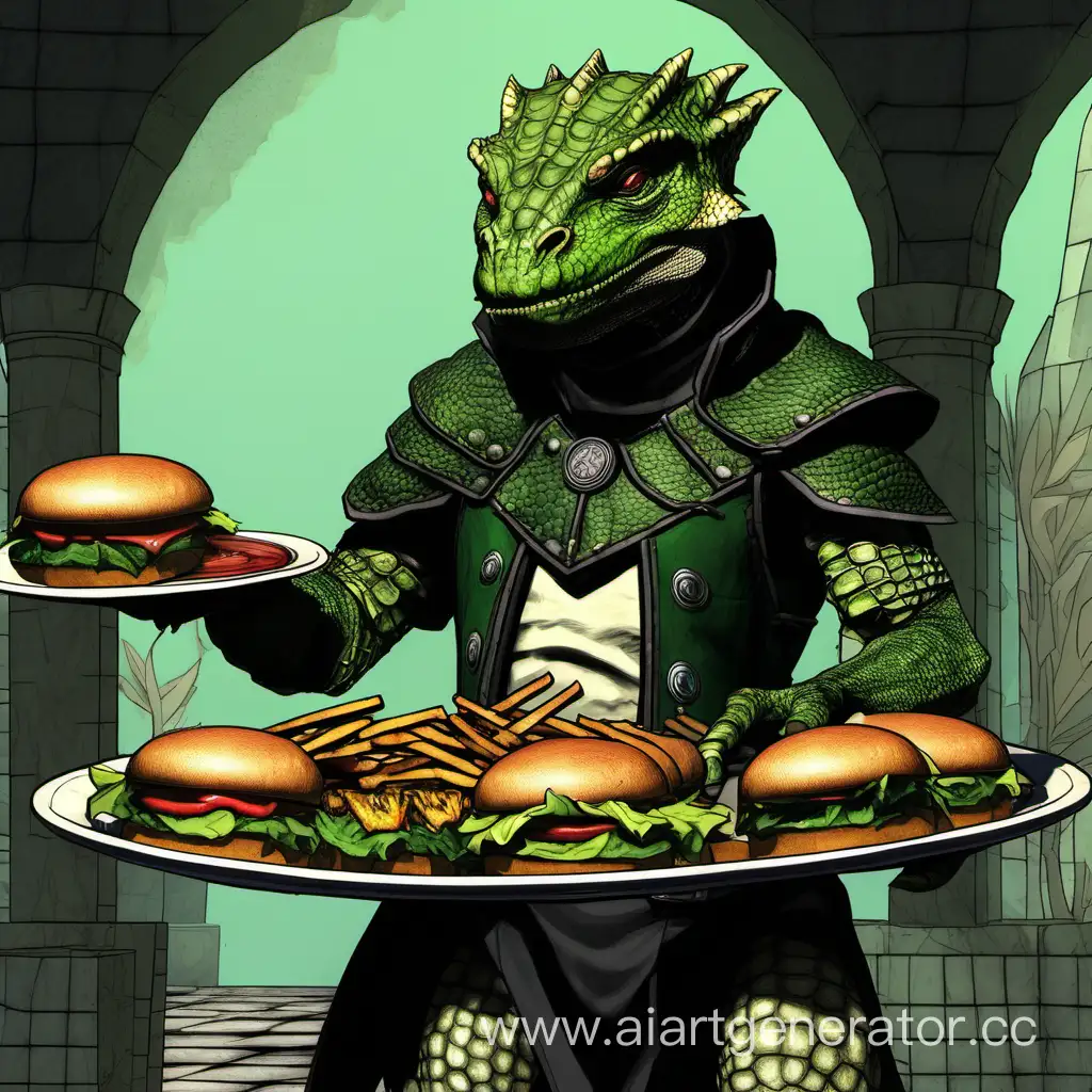 Зелёный аргонианин держит тарелку с бургерами