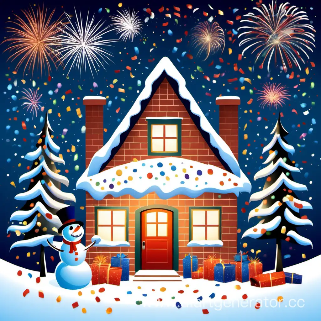 Нарисуй мне поздравительную открытку для семьи с поздравлением с новым 2024 годом. В ней обязательно должны быть снег, снеговик, камин 
дом. Обязательно сделай салют на заднем фоне, добавь много хлопушек, огоньков и мишуры, праздничную новогоднюю ёлку и сделай много пустого места по краям картинки