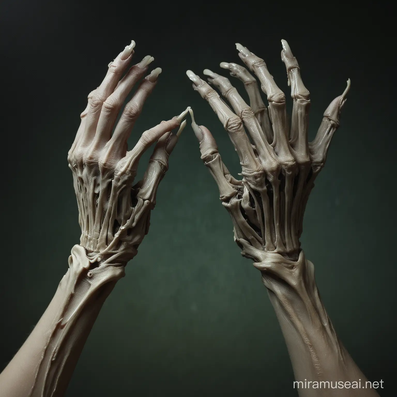 Scene: Close-up on a pair of skeletal hands with long, jagged fingernails. The hands are reaching out from a dark background, palms facing the viewer. The bones are prominent, especially the knuckles, which are stark white. The skin is stretched thin and appears cracked and dry in some areas.

Details:

The hands are trembling slightly, conveying a sense of fear and desperation.
The fingernails are sharp and broken, hinting at a struggle for survival.
Between the hands, barely visible in the darkness, are the faint outlines of a ribcage, emphasizing the emaciated state of the figure.
Color palette:

Use a muted green or blue for the background to create a sense of gloom and unease.
The bones should be a stark white, contrasting with the darker background.
The skin tones can be a sickly yellow or gray, highlighting the character's malnourishment.
Additional notes:

Keep the composition simple and focus on the hands and the suggestion of the ribcage.
The icon format benefits from a clear and bold portrayal of the subject.
Ensure the aspect ratio is square to best fit the icon format.