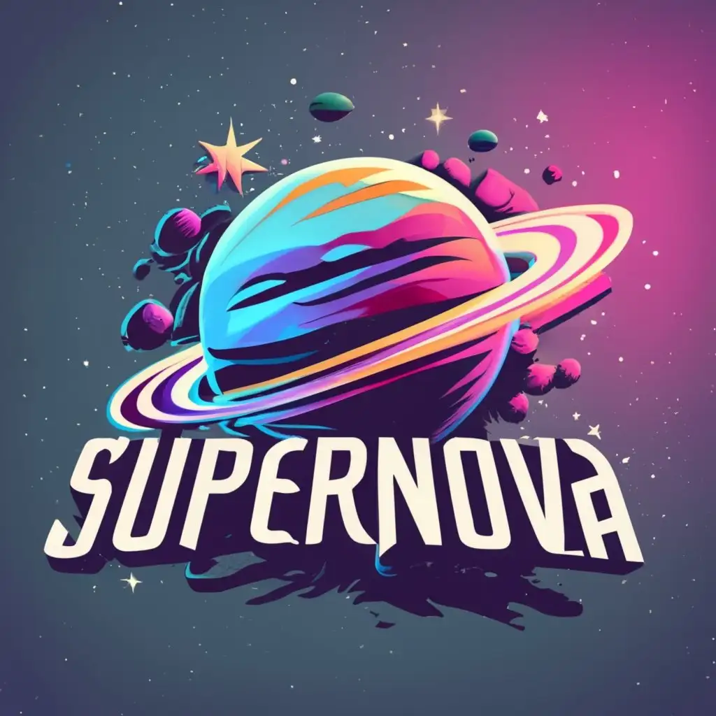 logo, Supernova Blast Saturn Universe Galaxy super realistic, with the text "Supernova", typography