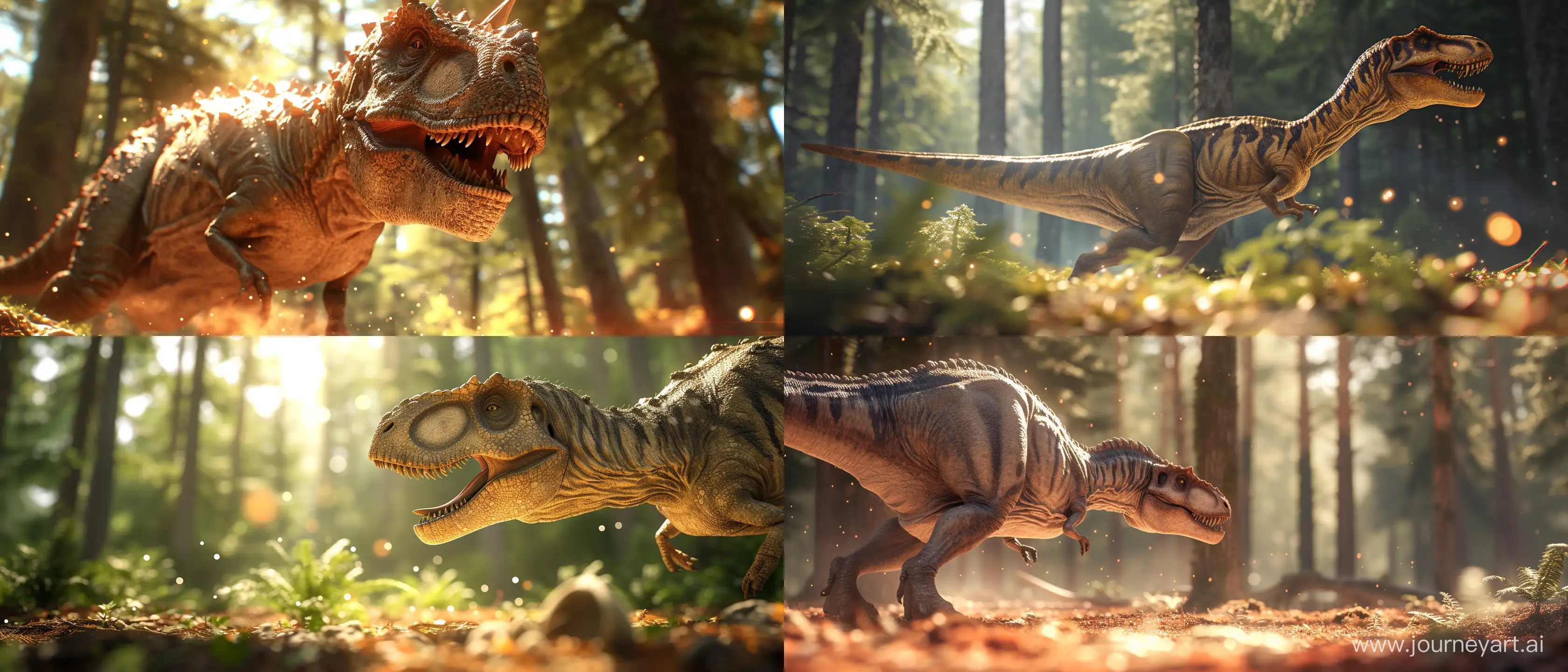 Dinosaur in the forest; sunny day; close up on some objects in the scene with advanced blurring techniques in specific parts of half of the objects in close up and the other half of the objects in close up without blur and with absurd 32k detailed quality, these objects in close up must be with a size a bit bigger; using all the graphic, lighting, design and scenery techniques of the most hyper-realistic and current animations of the last generation; Ray tracing at an absurd and exaggerated level; 32k; absurd details; advanced mirroring techniques; better CGI; advanced blurring techniques in some specific points; advanced lighting techniques; cinematic style; Blurred
 bottom; some points of blurred lights in different sizes present towards the bottom; small points of light throughout the image; Parts of the image and the parts that were not blurred with as much absurd detail as possible in 32k quality; --ar 21:9 --v 6.0