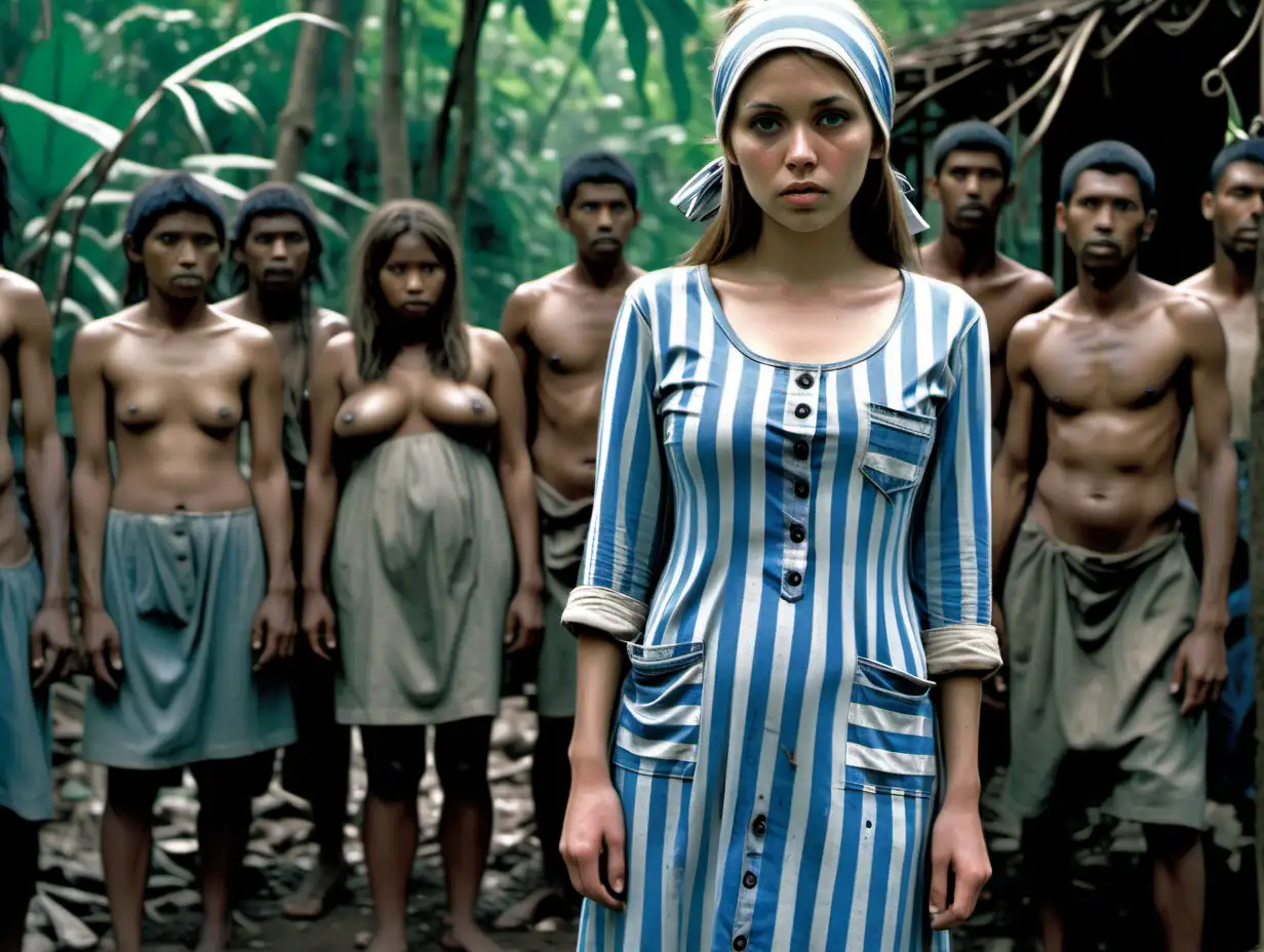 A busty prisoner female (25 years old) stands in a jungle tribal village (captured by tribe members) in worn dirty blue-white vertical wide-striped longsleeve midi-length buttoned prisonerdress (a big printed "478" label on chest pocket, short bonnet, sad and ashamed) head down, group of naked jungle tribe warriors standing around her