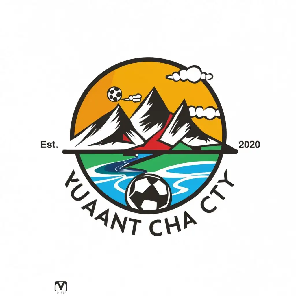 a logo design,with the text "Kuan Chan city ", main symbol:Make a logo image for me about Mountain, River, Football, Kuan Chan city in the logo.,Moderate,clear background