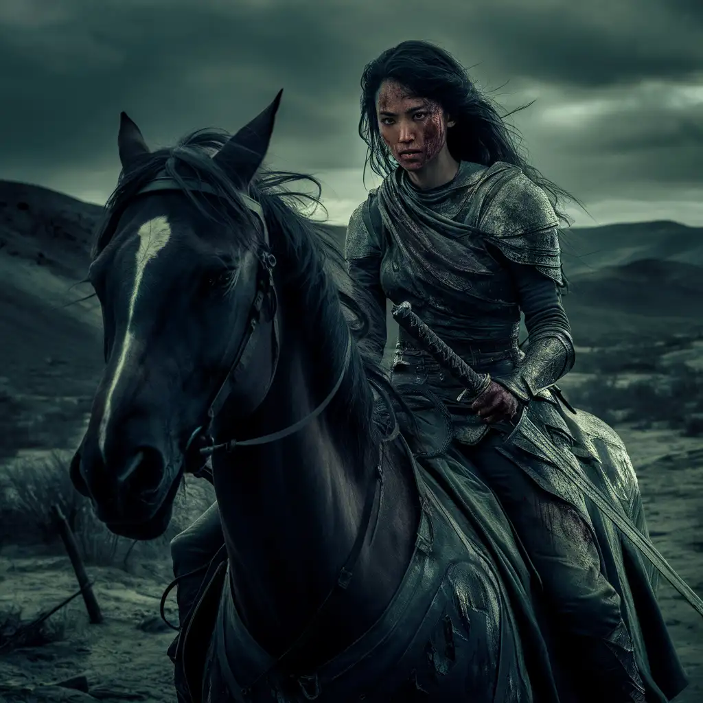 Brave Female Warrior on Horseback Courageous Determination in Lost Landscape