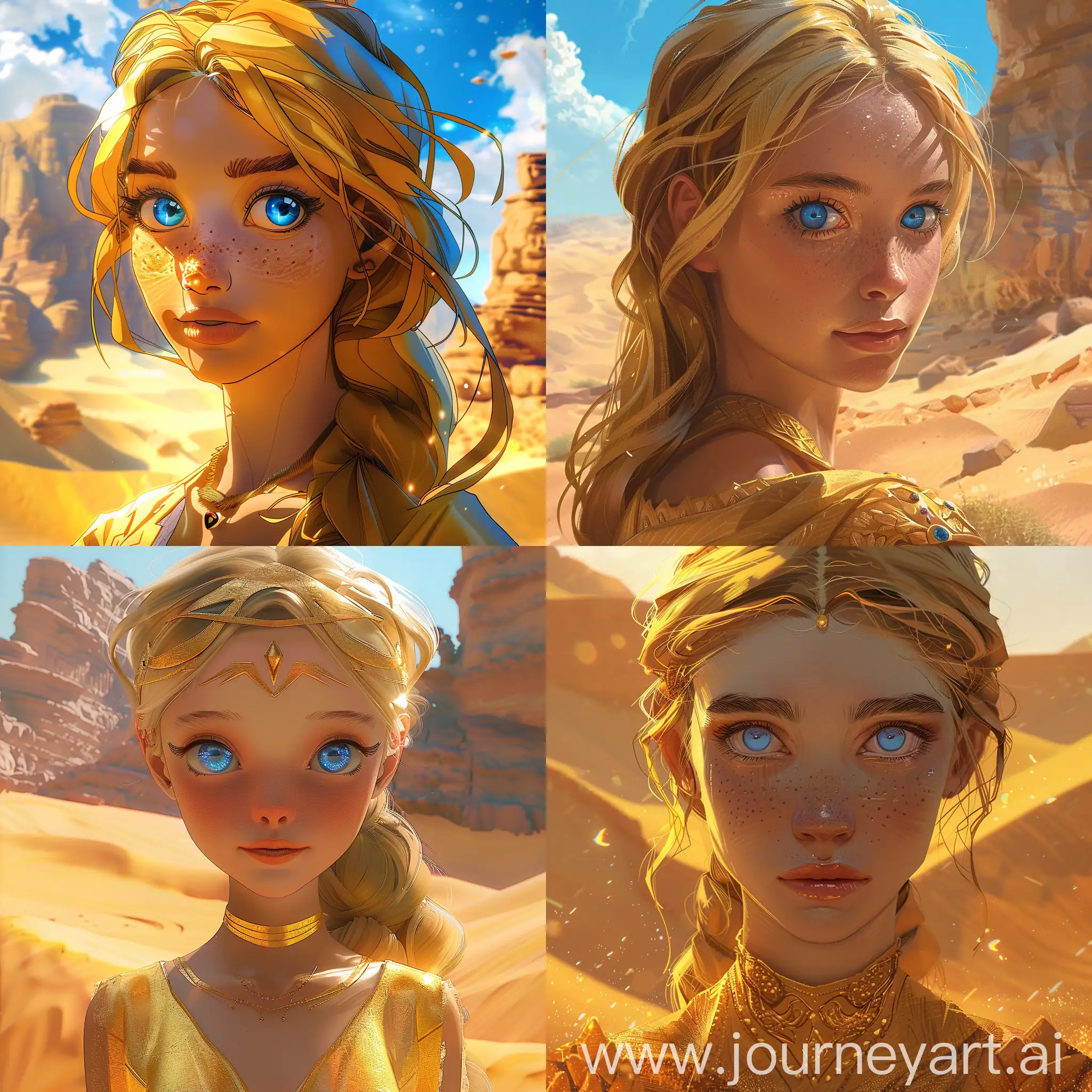 Close-up portrait of a blue-eyes golden princess standing in front of a giant desert, digital style, high quality detaoled