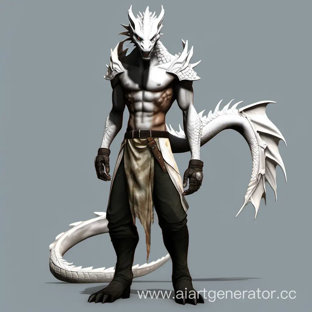 Anthro,white dragon,without wings,dirty rags,medium build,scar on face.
