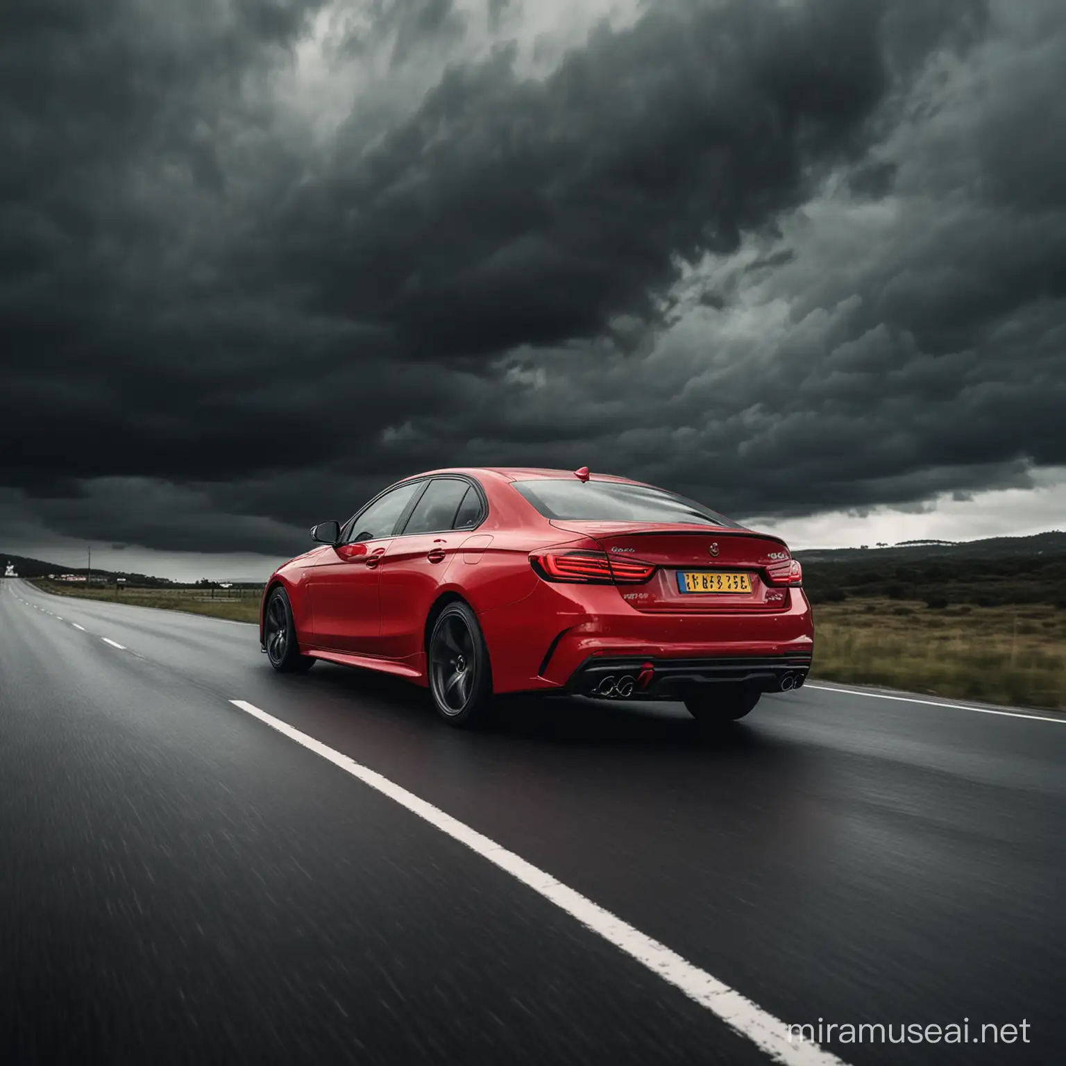 Red Car Speeding Through Dark Landscape