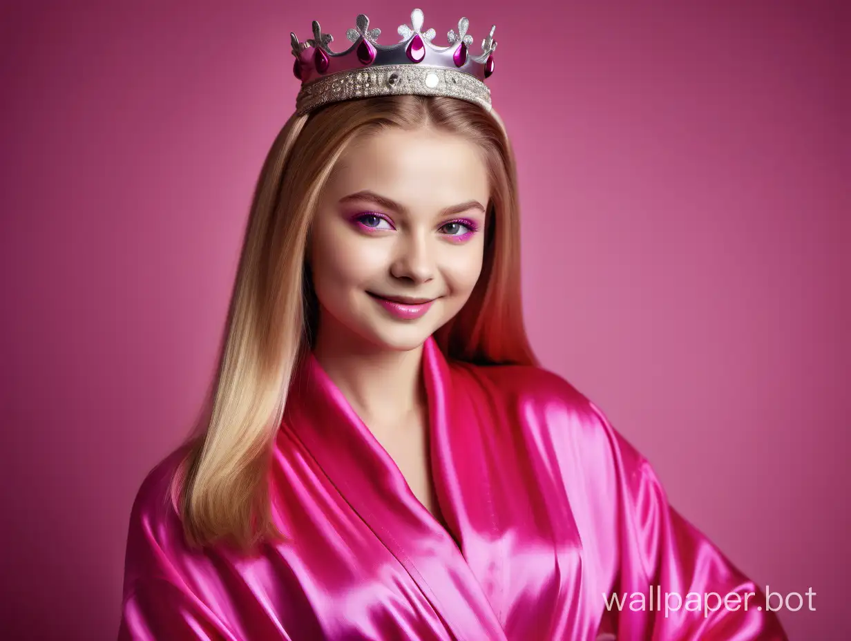 Glamourous portrait of sweet, young, gentle, sunny queen Yulia Lipnitskaya with long straight silky hair Smiling in Luxurious Pink fuchsia Silk robe with pink fuchsia silk towel turban and crown on the head