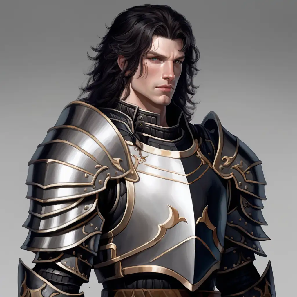 A human fighter in his early thirties. Male. Pale skin. Black armor. Medium dark wavy hair. 