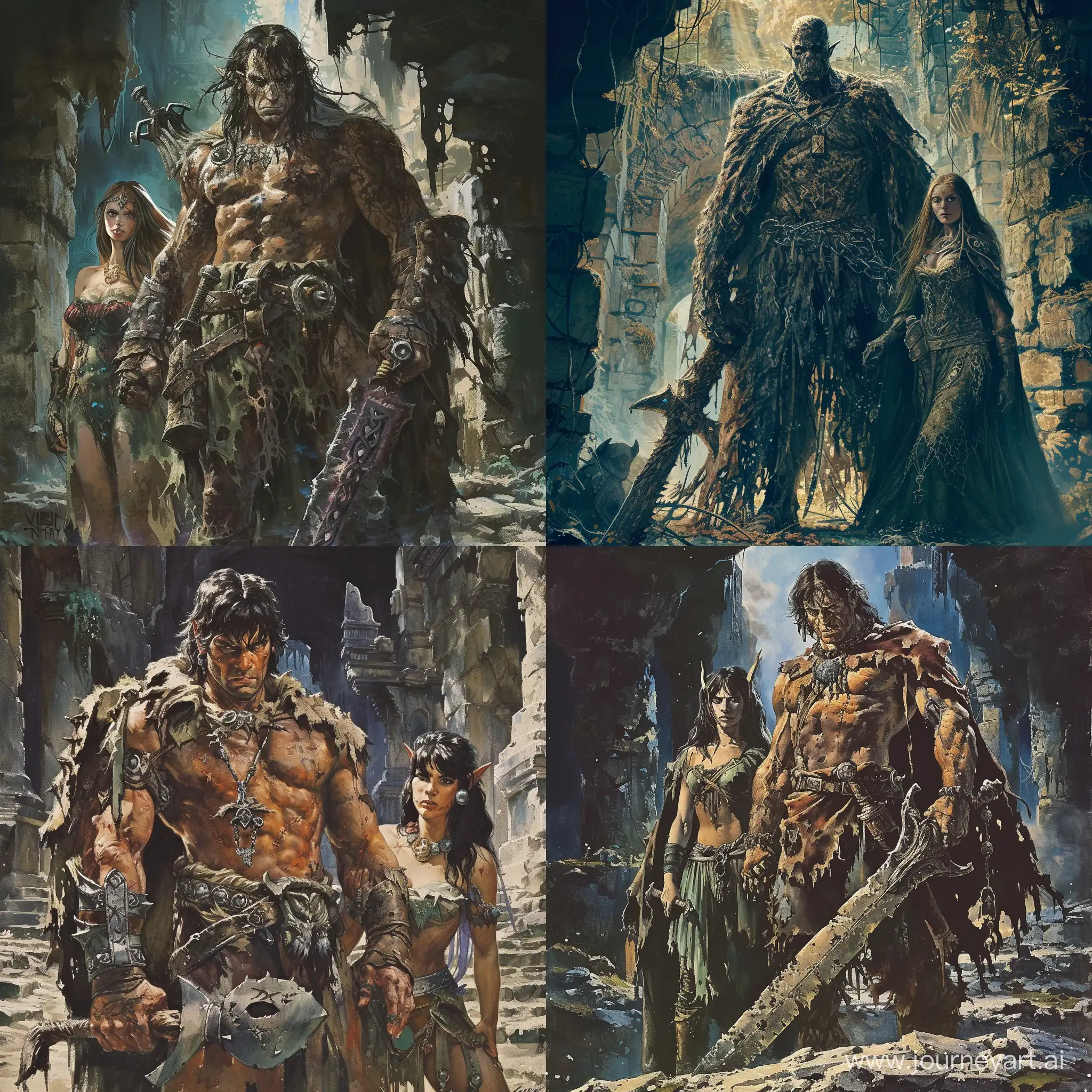 a man that is Towering and muscular, with scarred, weather-beaten skin, Dark, brooding eyes that seem to hide a deep, haunting sorrow, Wears a tattered cloak made from the hides of mythical beasts and a cursed amulet around his neck, Wields a massive, rune-etched greatsword with dark magic properties, accompanied by a beautiful majestic elf princess in a lost ruin, 1970's dark fantasy style, grim dark, gritty, detailed