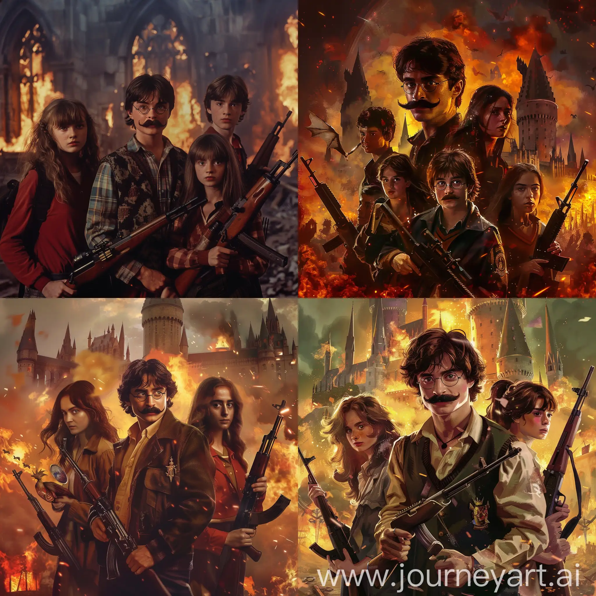 Wizard-Trio-with-Rifles-Defending-Hogwarts-from-Fire