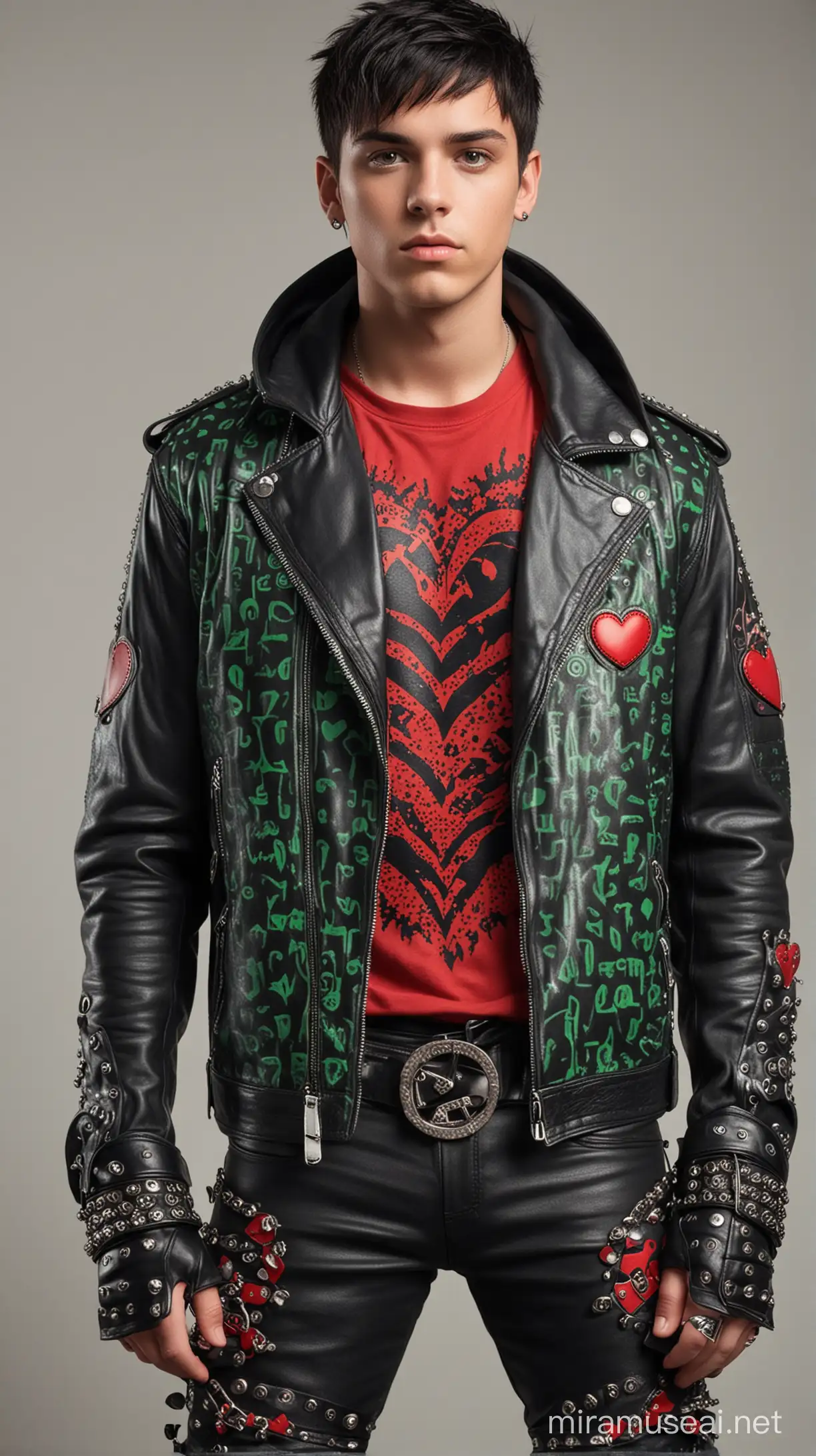 a young man with short black hair with red highlights and piercing green eyes. He wears a red shirt with black heart patterns hidden under a red and black leather jacket with studs on the sleeves and hood, as well as a heart emblem on the back. He rocks black leather pants with red patches, matching combat boots with one being red and the other being black, a studded belt with a heart buckle, and fingerless gloves.