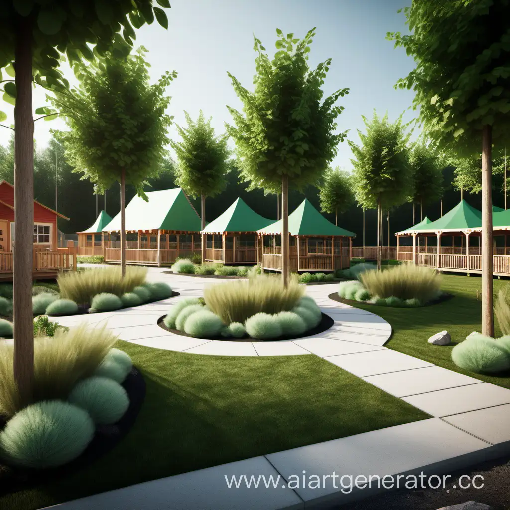 Сгенерируй ландшафтный дизайн для детского лагеря с беседками зеленными ограждениями на уровне рендера Corona render

