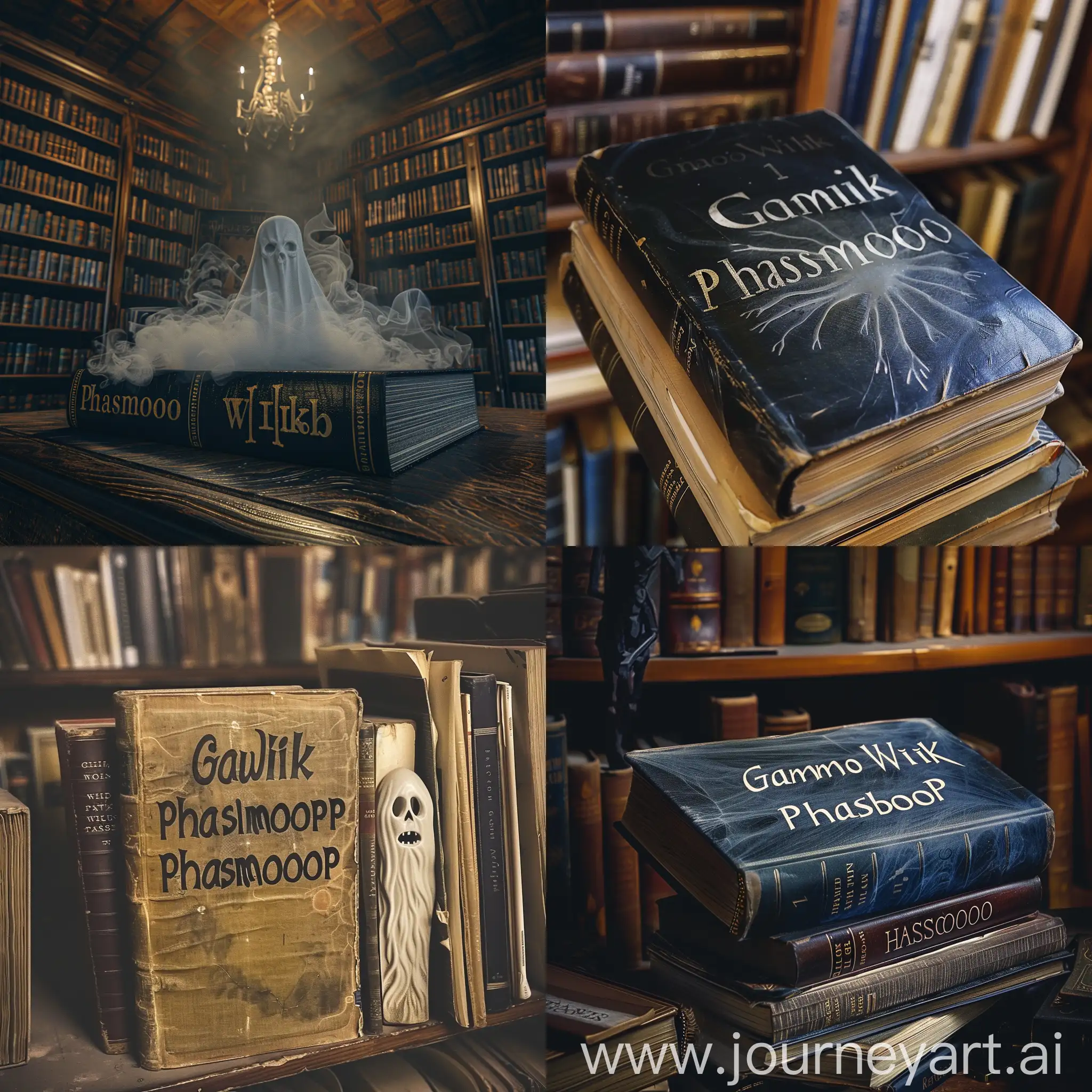 a books library with 1 book writed "Ghost Wiki Phasmophobia" on his cover