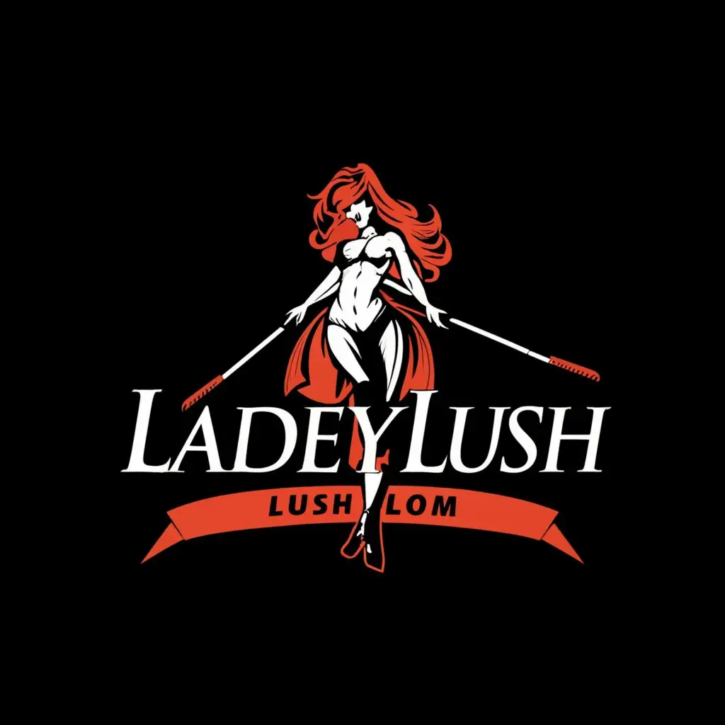 a logo design,with the text "LadeyLush.com", main symbol:girl with whip and high heel standing on man,Moderate,be used in Entertainment industry,clear background