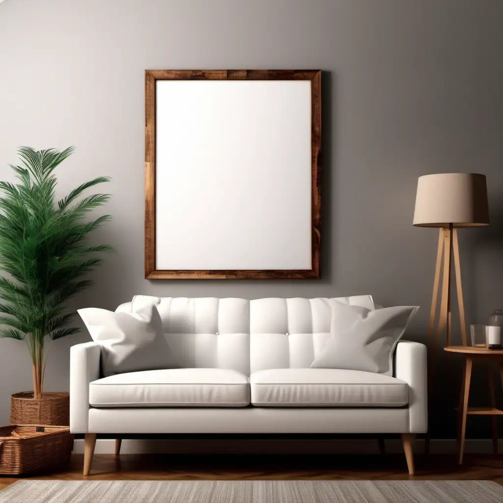 wooden poster white blank frame mockup, reflection, shadow overlay, cozy living room, farmhouse stlyle, warm room, 4K, exclude random objects,