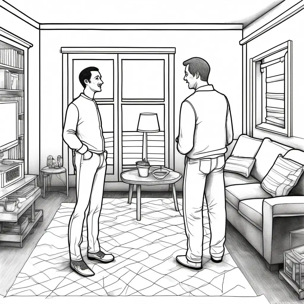 Two Men in White Talking in Simple Living Room Black and White Drawing