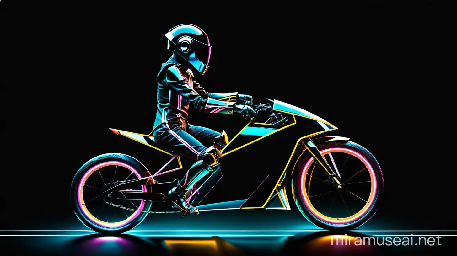 A very fast futuristic track cyclist dressed as a daft punk robot with neon lines against a black background, peddling a single seater futuristic bike, show the whole bicycle and person in the shot 