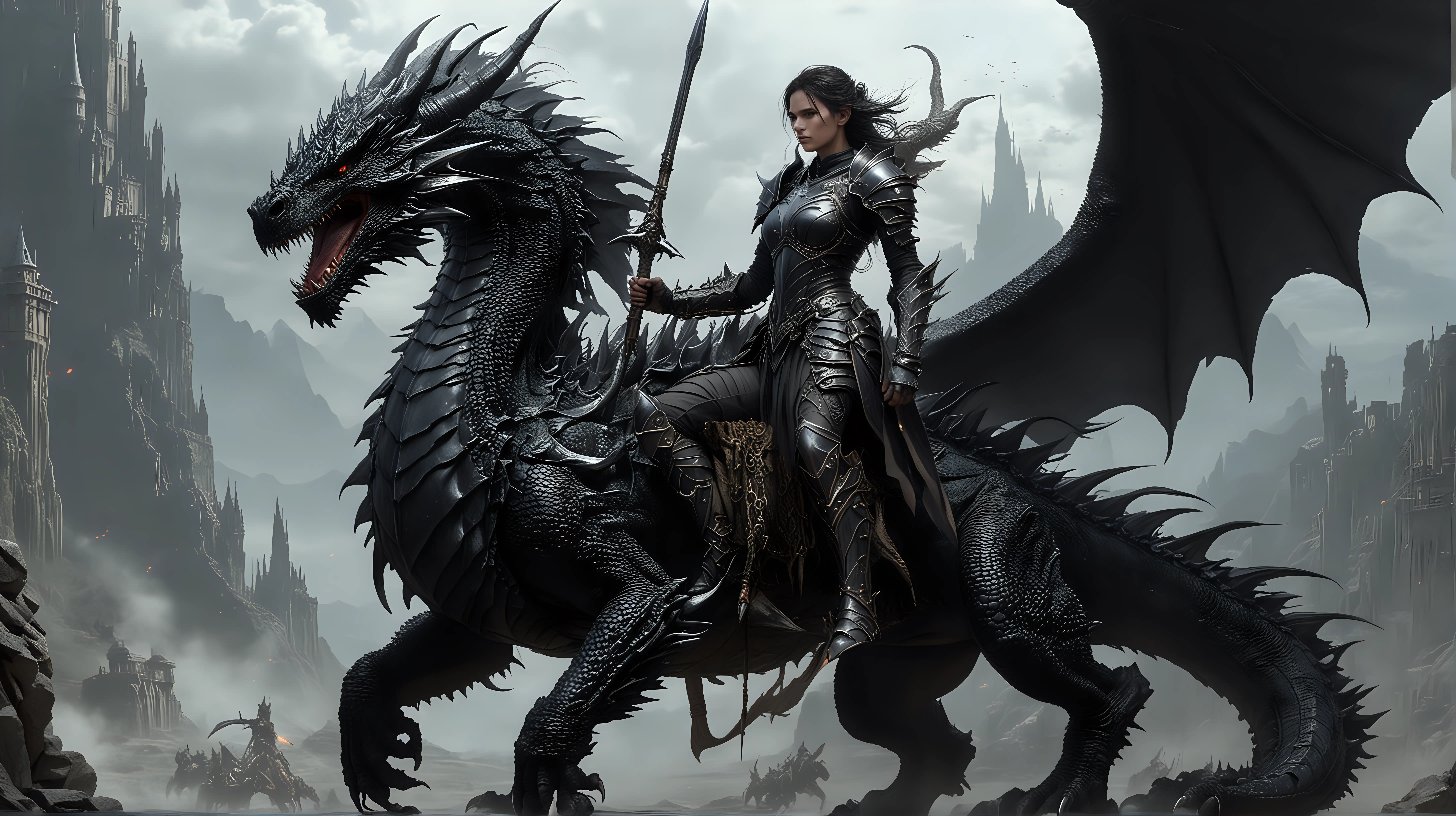 massive black dragon, High Fantasy, Woman in armour with long spear