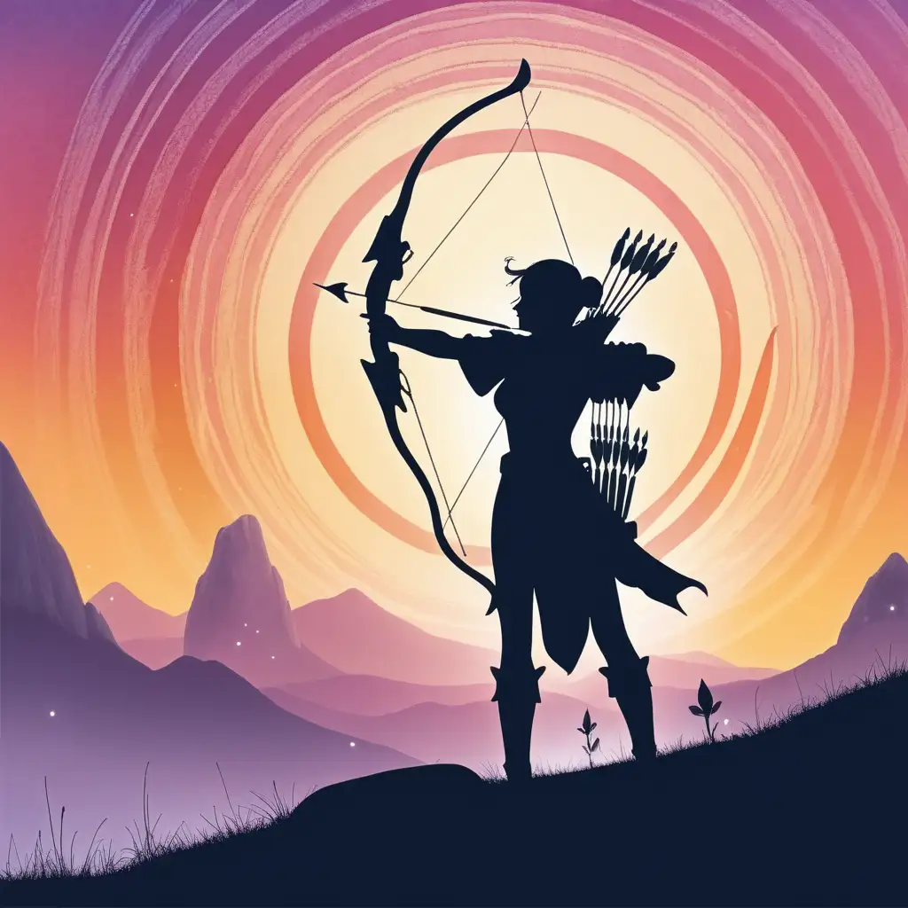 Silhouette of Warrior Woman Shooting Arrow in Fantasy Landscape