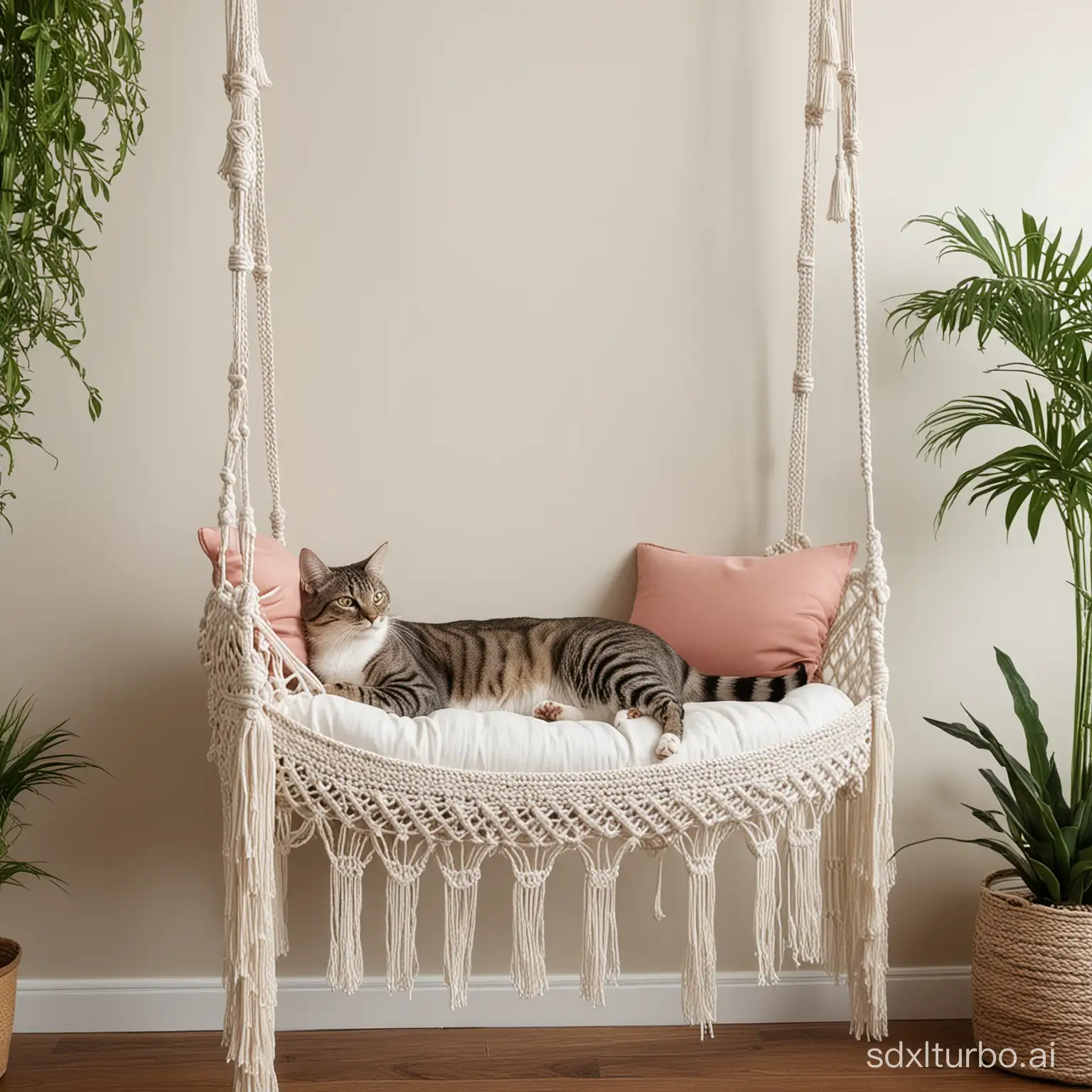 a cat lying at a hanging bed made of macrame boho wall are