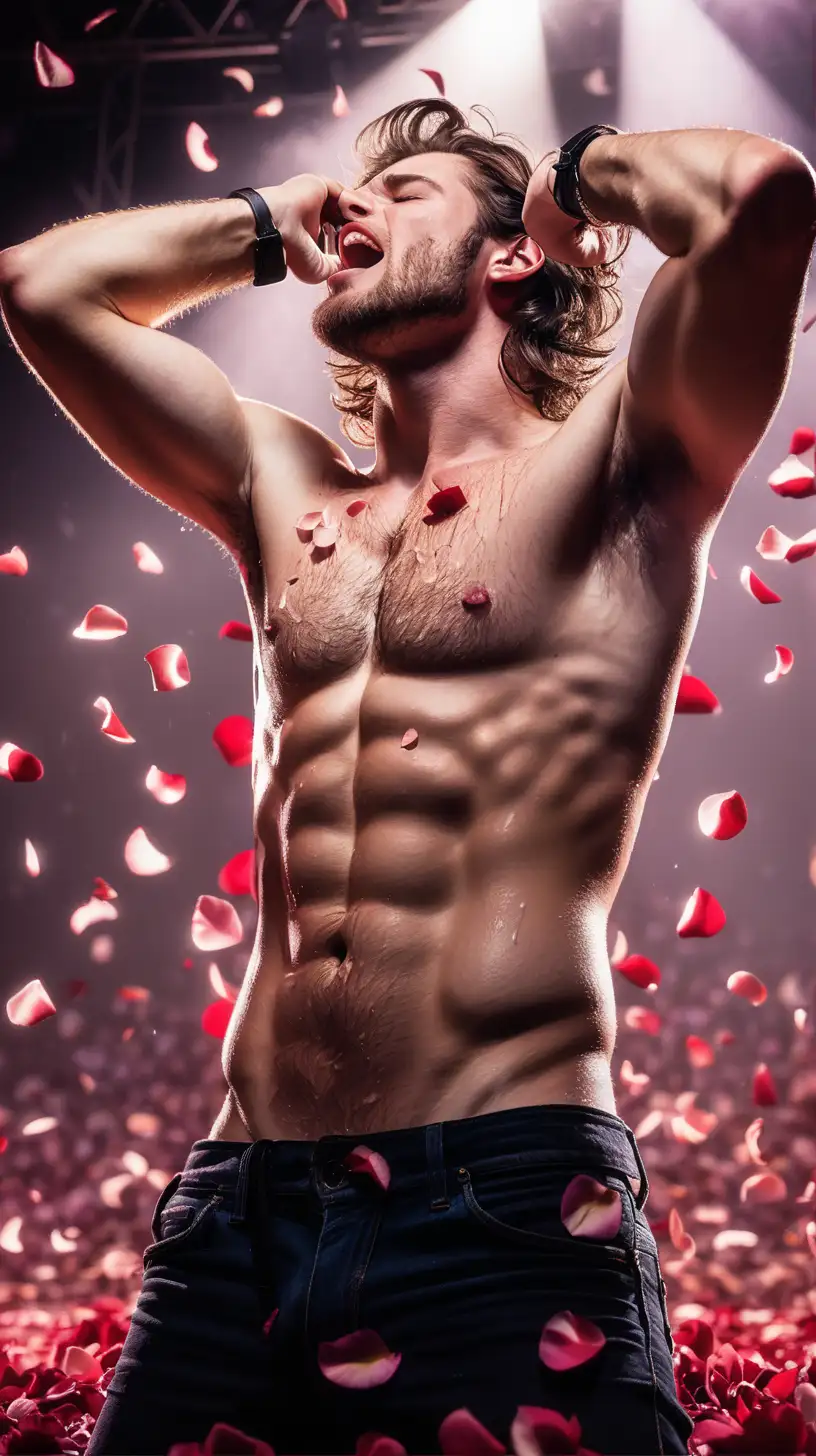 Hyperrealistic image of Ethan Blackwood, the English heartbreaker, singing emotional English break-up ballads on stage, with rose petals gently falling as a backdrop to enhance the romantic and poignant atmosphere. The focus is on showcasing his abs and adding sweat to emphasize the intensity of his performance. Ethan is captured in a moment of deep emotion, his hairy chest, well-defined abs visible and glistening with sweat, adding to the passion of his performance. The soft spotlight and falling rose petals create a beautiful and emotional scene, highlighting the heartfelt nature of the ballads and Ethan's captivating presence.