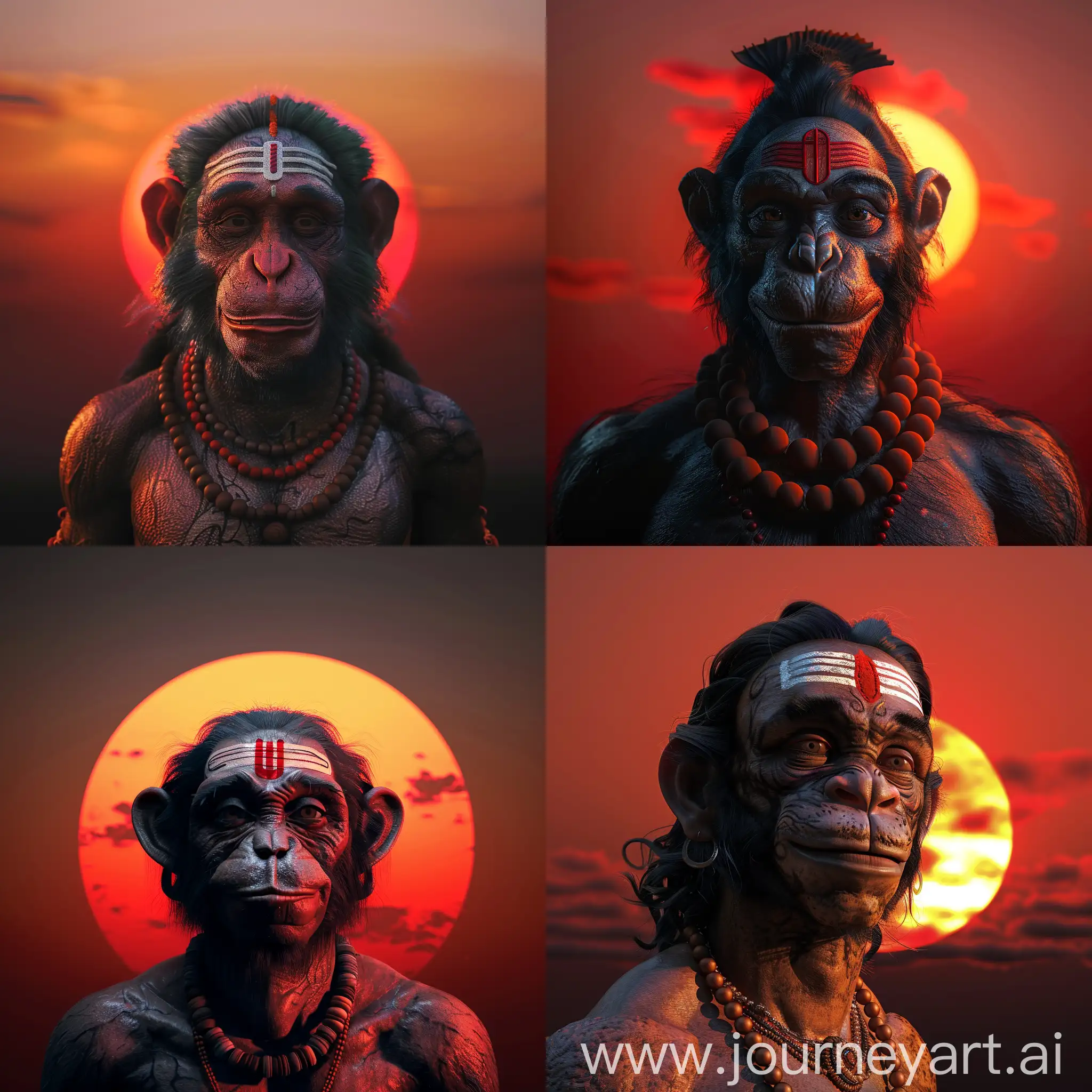 Lord Hanuman, 1920x1080, photorealistic, hyper-realistic, color photo sunset, front facing, light smiling expression, red background
