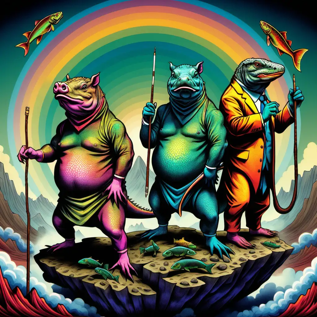 psychedelic art of one pig, one komodo dragon and one trout standing with strong pose on top of the world. They are dressed in smokings and have a cane in one hand. 