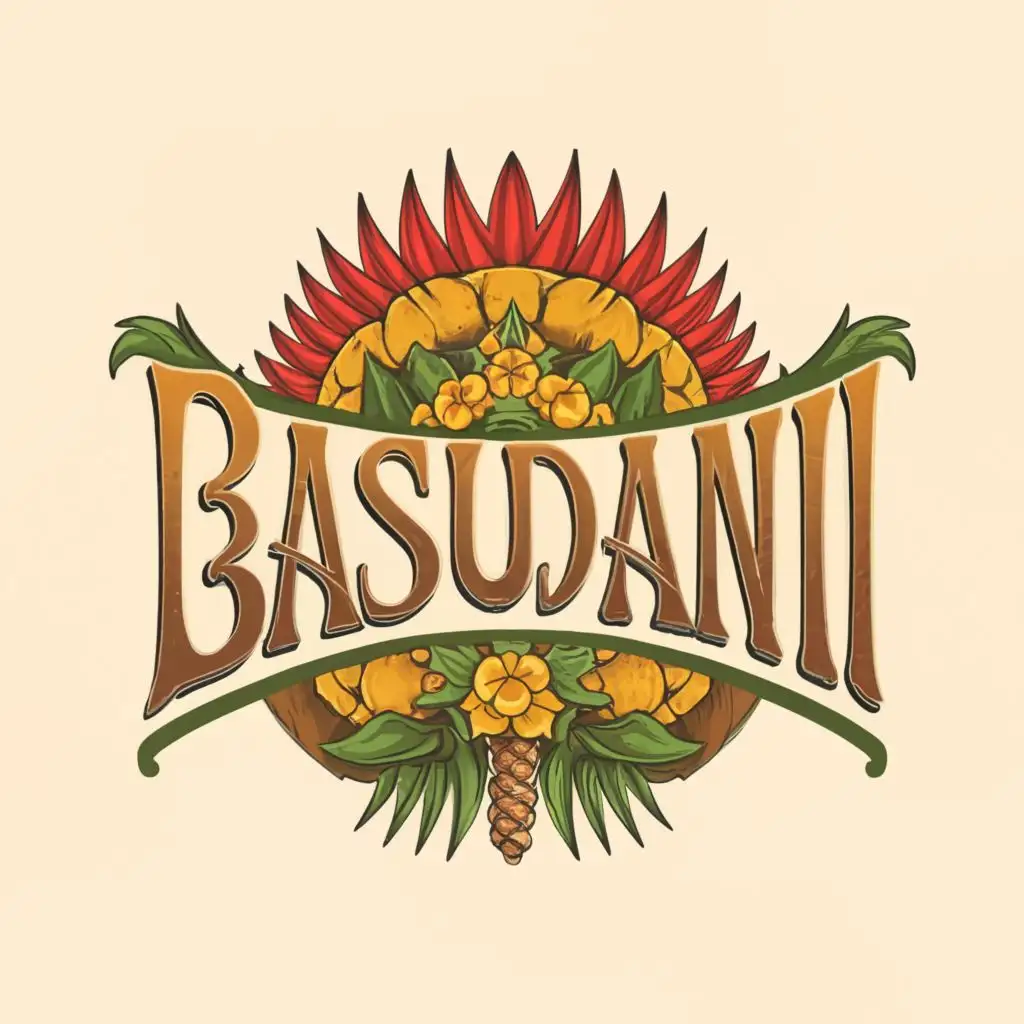 a logo design,with the text "Basudani", main symbol:Color Palette: Earthy tones mixed with vibrant colors. 
Incorporating images of banana and coconut into the logo can symbolize the harvest. These could form a wreath or border around the text or be integrated into the letters themselves.
A warm, shining sun can symbolize life, growth, and the thanksgiving aspect of Basudani. It could be rising behind the text or the harvest imagery to signify the beginning of a new cycle and gratitude for the past season.
Including stylized hands or human figures, perhaps in a circle or holding the harvest, can represent community and shared gratitude. This adds a human touch to the celebration aspect of Basudani.
The font chosen should reflect the warmth and organic nature of the festival. Consider a font that has a hand-crafted feel or incorporates elements of the harvest imagery within the letters (e.g., a letter 'B' that subtly incorporates leaves or grains).
The word 'Basudani' could be in a larger, more decorative font, with a tagline or explanation of the meaning (e.g., 'A Celebration of Harvest') in a simpler, complementary font. A circular or oval layout can suggest unity and the cycle of the seasons, which is central to the concept of a harvest festival.
Alternatively, a more traditional horizontal layout might allow for more detail in the imagery and text, making it versatile for various uses.
Adding textures that mimic natural materials (like wood, leaf veins, or the surface of fruits) can add depth and interest to the logo.
Subtle details, like dew drops on fruit or the texture of woven baskets, can enhance the feeling of abundance and care in the harvest.
,complex,be used in Events industry,clear background