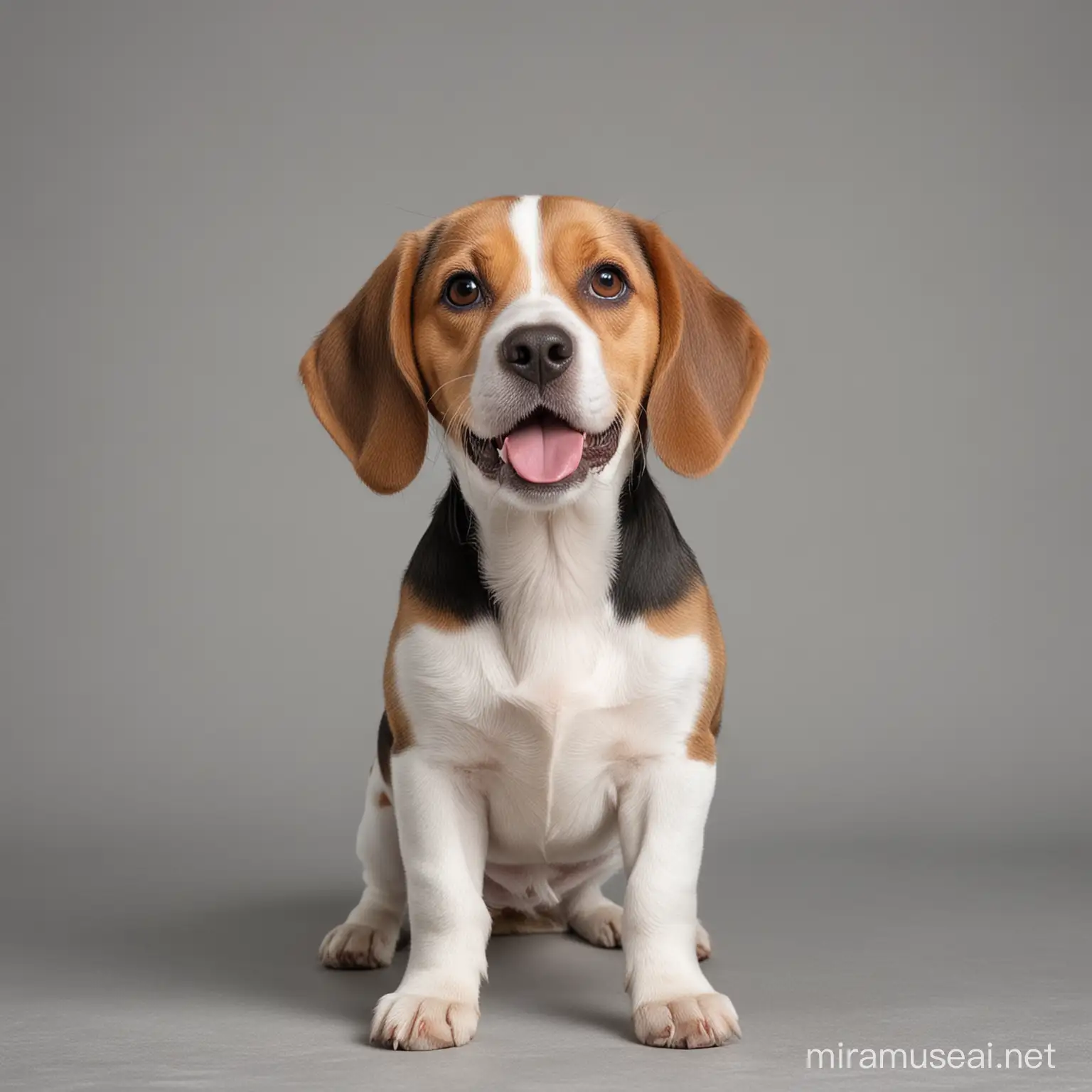 Cheerful Beagle Pup Posing on Neutral Gray Backdrop
