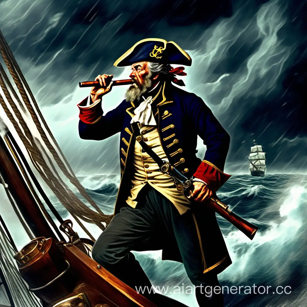 Sea Captain on a ship, in a big storm, smoking a cigar in mouth, carrying a flintlock pistol in his hand, weather is dark, stormy and windy