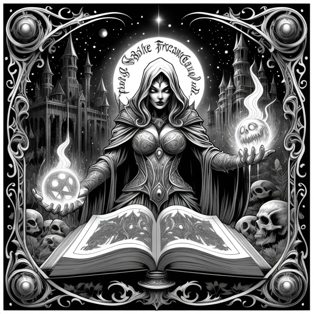 adult coloring book, black and white. Illustrated, dark lined, no shading, Highly detailed. An ornate magical spellbook with glowing arcane writing. Inspired by Frank Franzetta